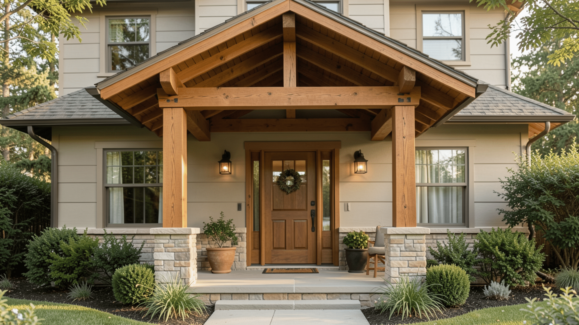 craftsman style design highlighting front porch overhang ideas with exposed rafters sturdy wood beams and a warm detailed entryway