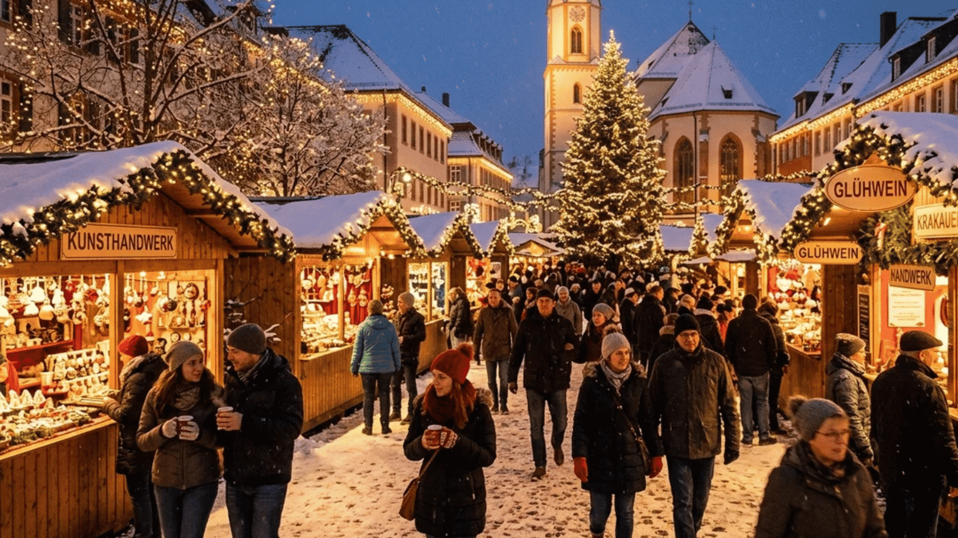 crowded christmas market with wooden stalls lights and large decorated tree as people walk through snowy street at evening