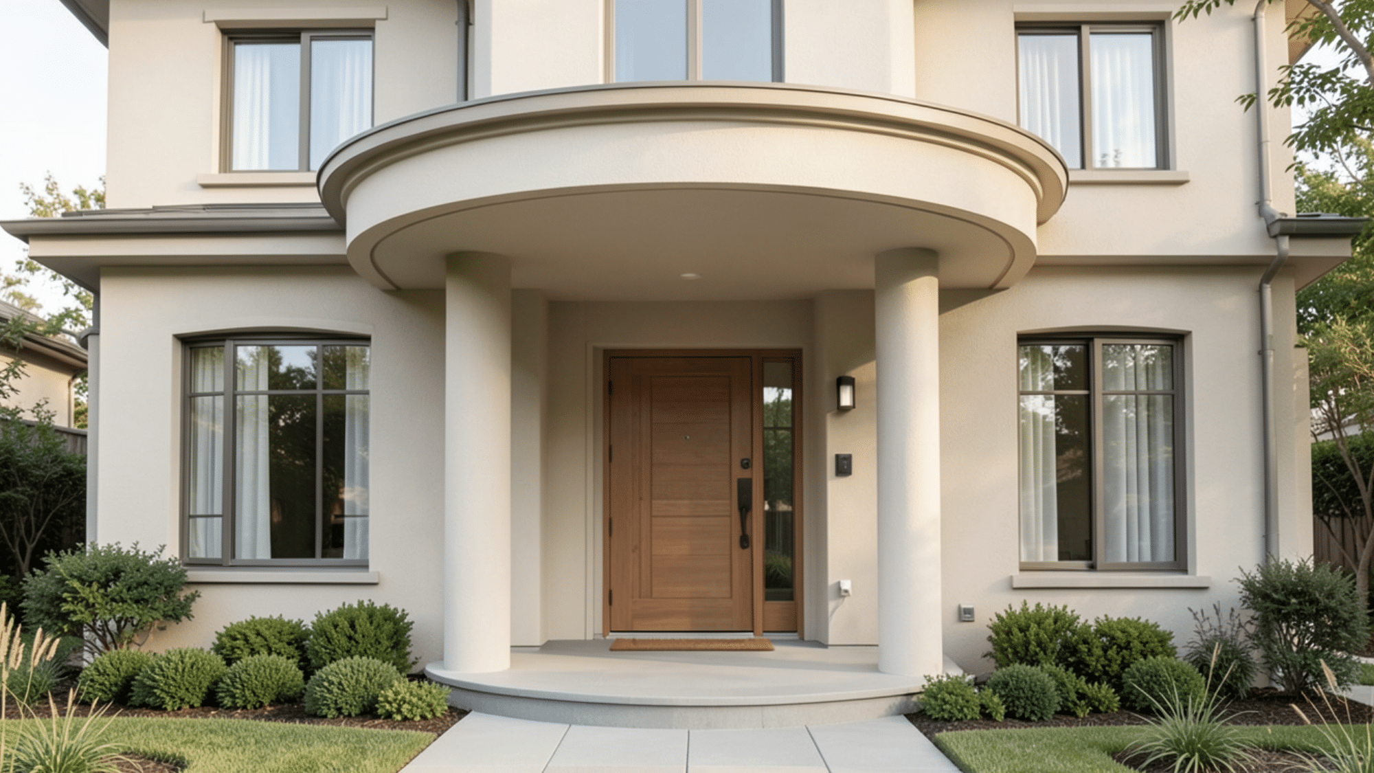 curved entry design featuring front porch overhang ideas with smooth lines soft edges and a stylish modern entrance