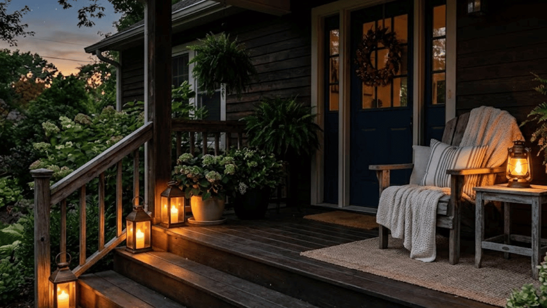 dark wooden porch with glowing lanterns cozy chair and plants at evening twilight