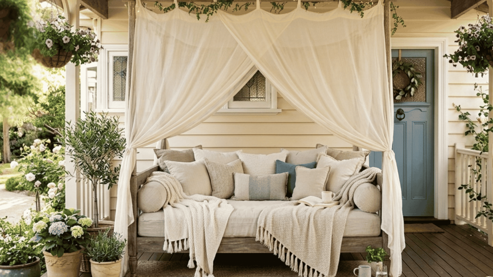 daybed with canopy and soft cushions on a cozy porch a dreamy option for elegant front porch seating ideas