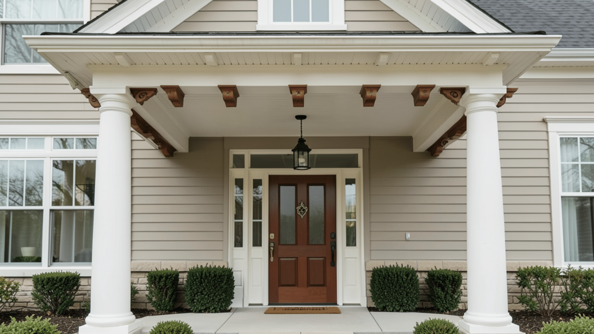 decorative bracket design showcasing front porch overhang ideas with classic columns detailed wood accents and a charming entryway