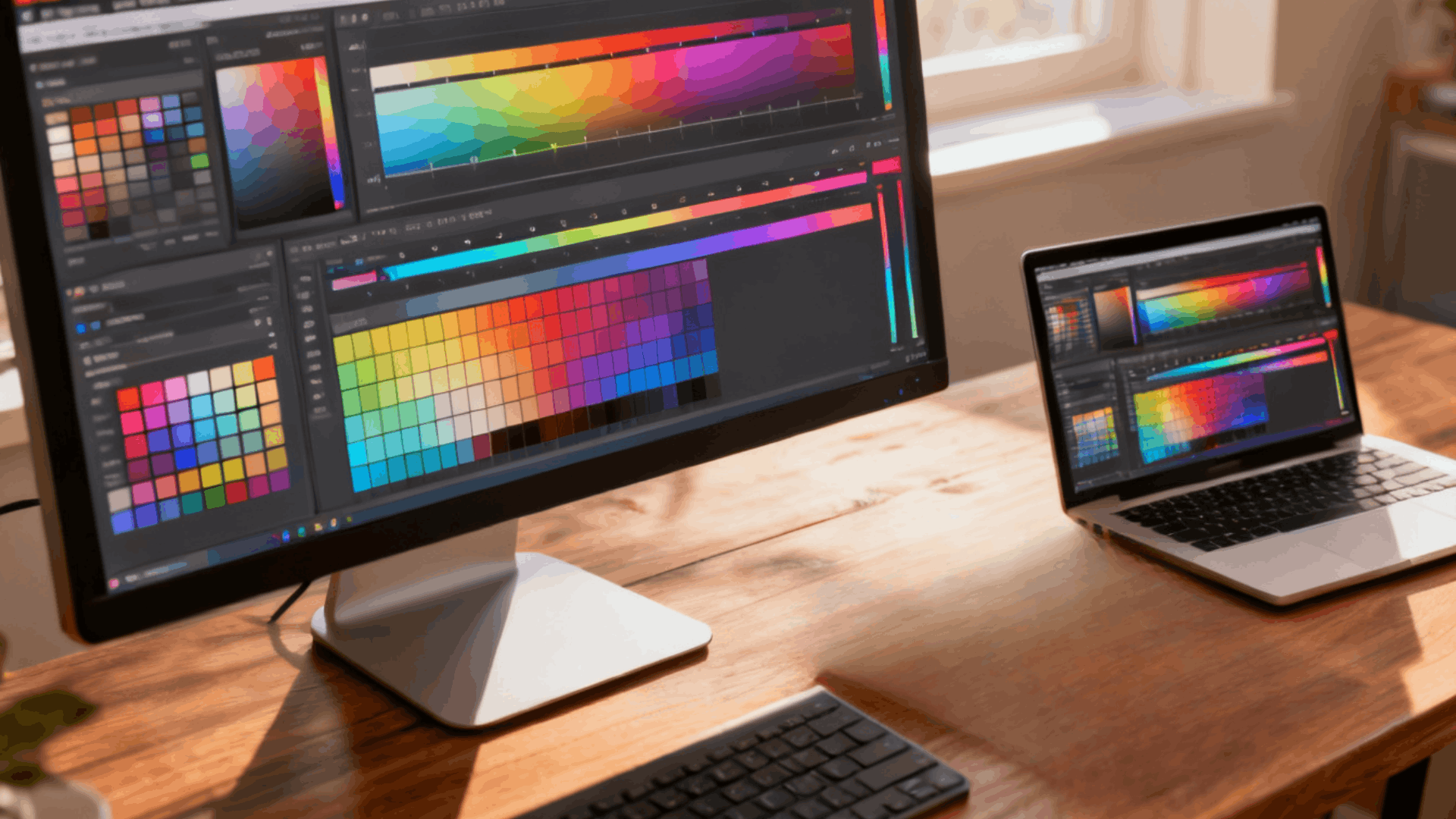 digital devices showing color palette tools on screen for mixing and selecting colors for design work (1)