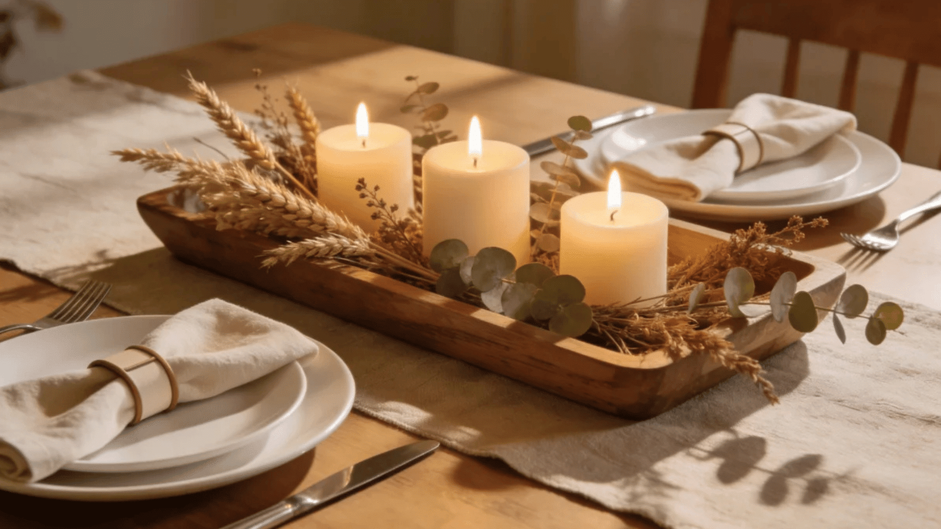 dining table set with plates and napkins featuring wooden tray with candles dried wheat and greenery centerpiece in warm light