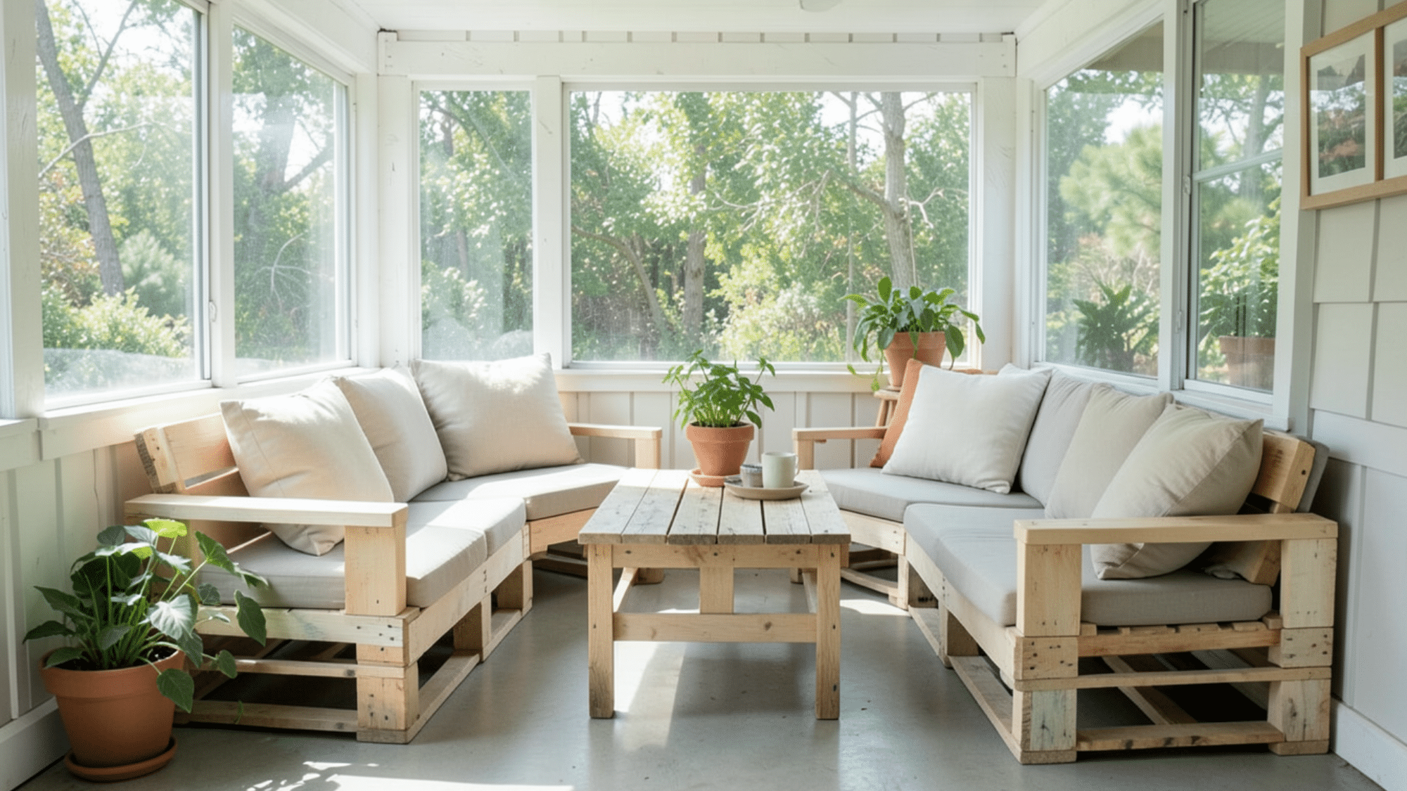 diy pallet seating setup with cushions perfect enclosed porch ideas on a budget with simple and cozy layout