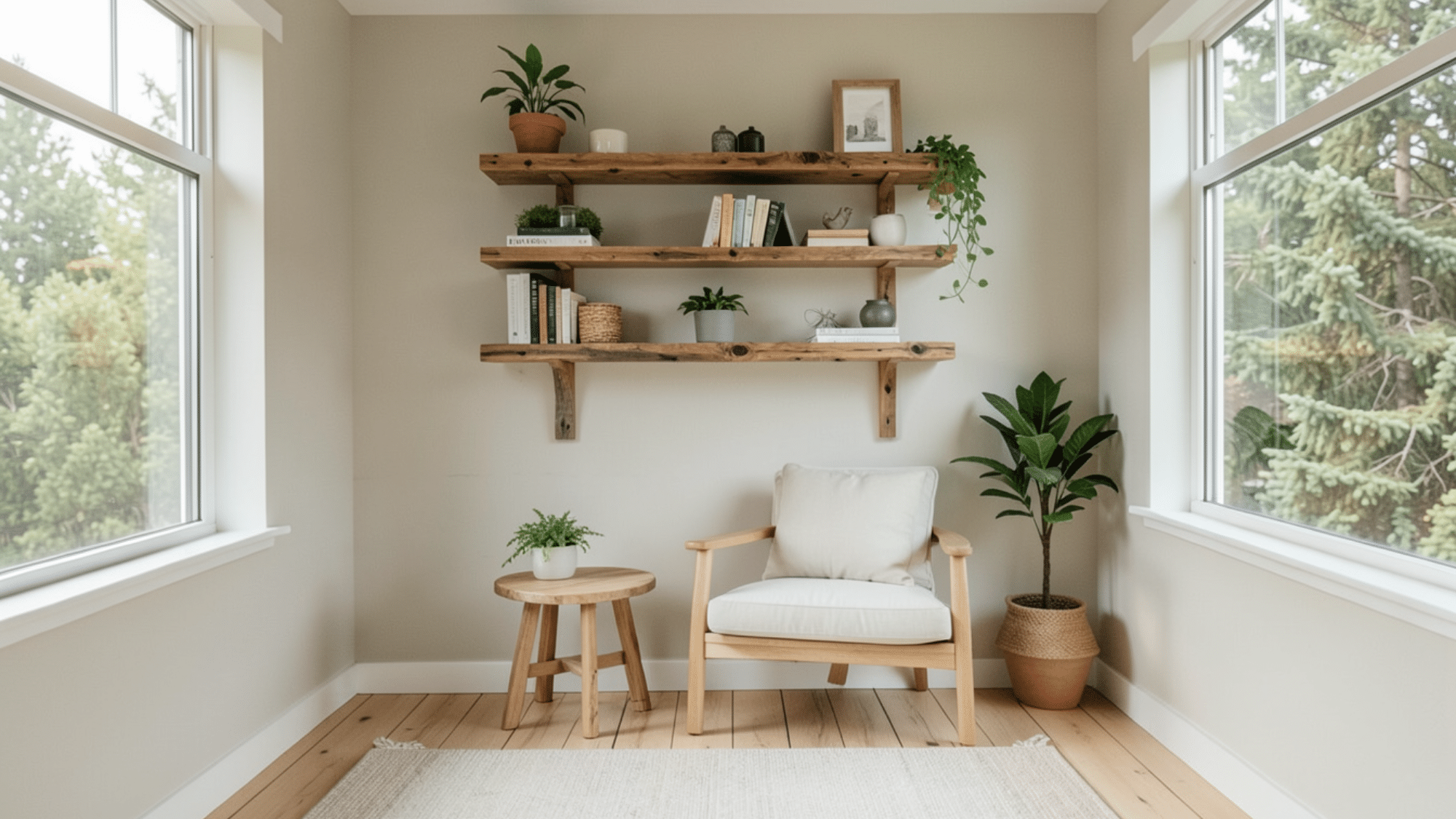 diy recycled wood shelves with plants and decor perfect for enclosed porch ideas on a budget