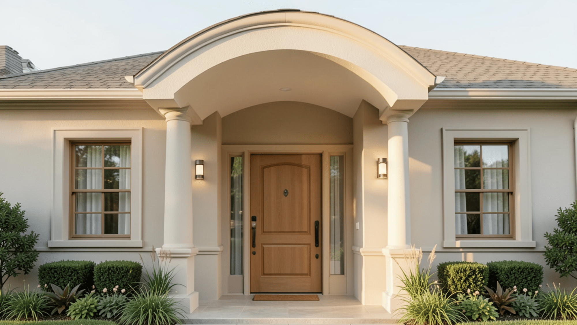 elegant entry with arched roof and columns classic front porch overhang ideas adding softness and curb appeal
