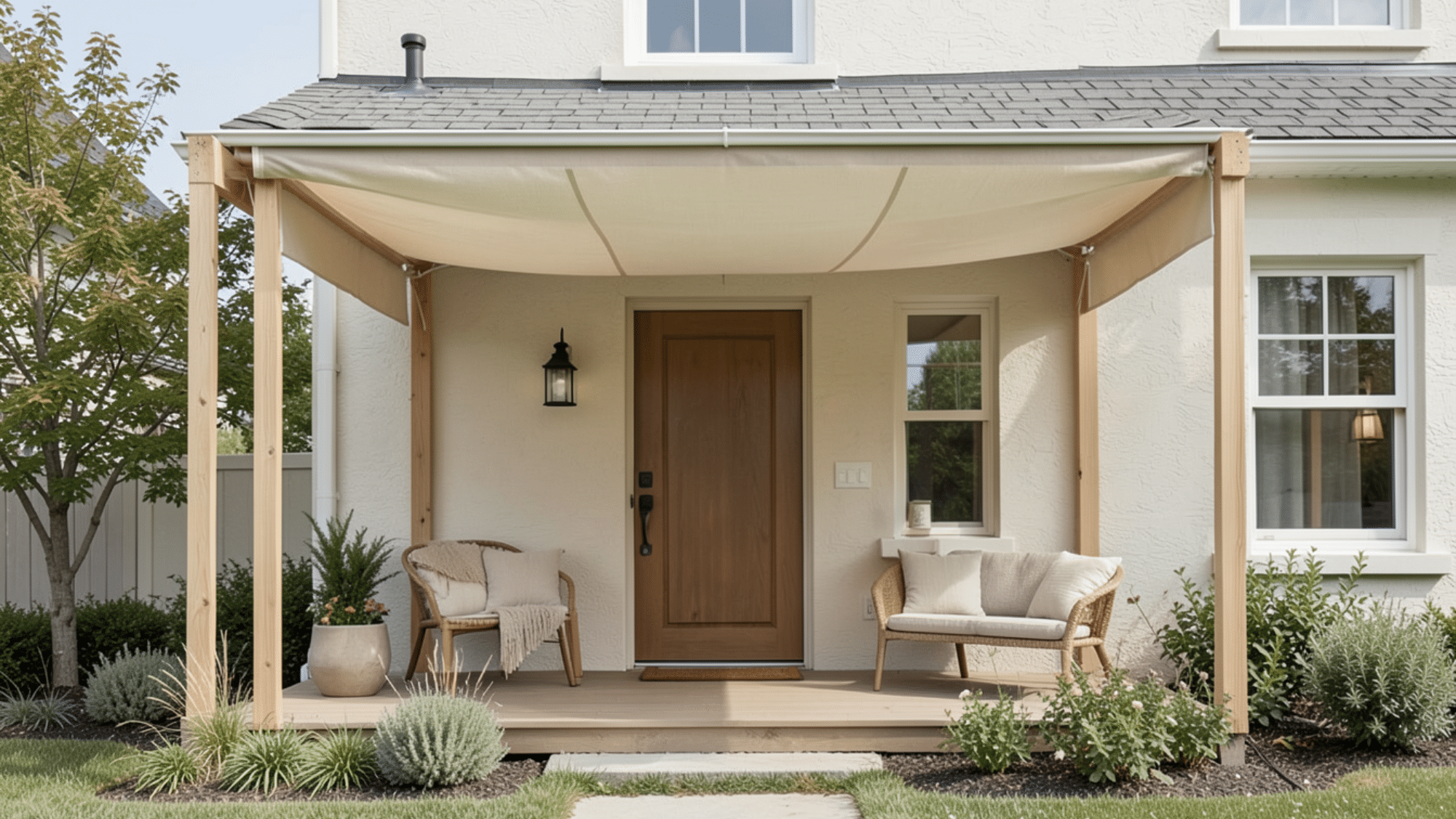 fabric canopy design showcasing front porch overhang ideas with soft covering light wooden frame and a cozy inviting entry space