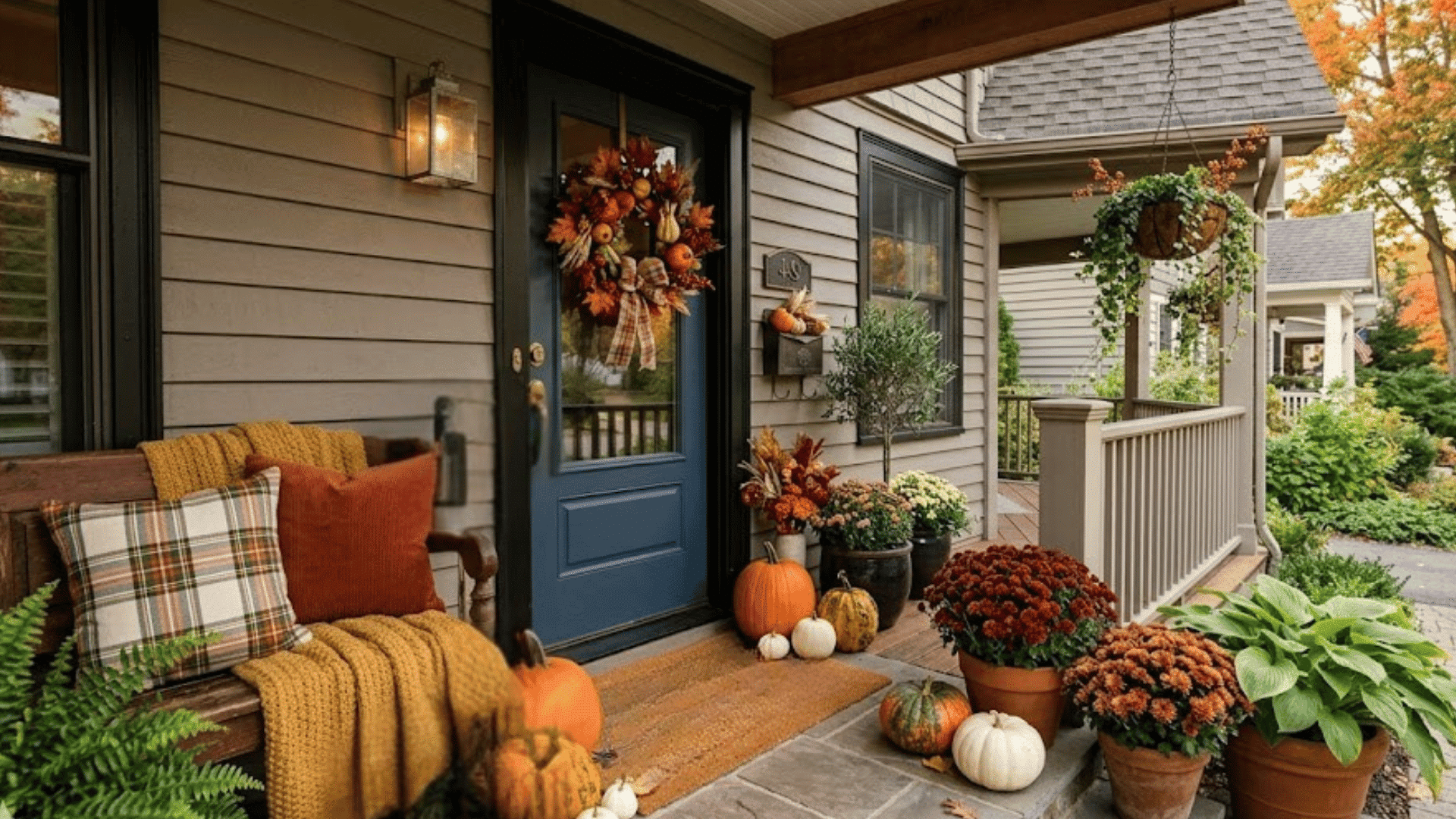 fall front porch with pumpkins lanterns autumn wreath and cozy bench decor