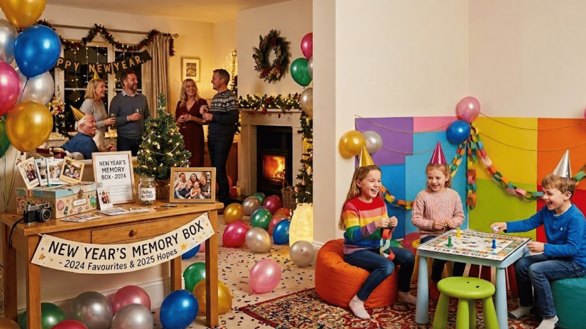 family and children celebrating new year at home with balloons games and memory box table in festive decorated rooms