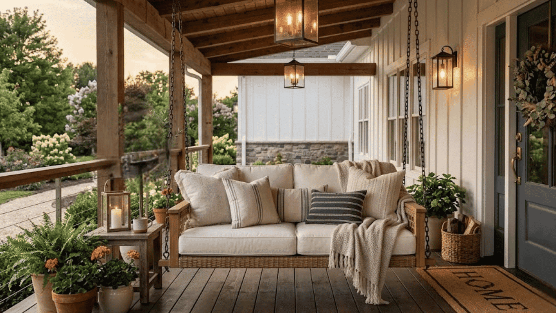 farmhouse porch with hanging swing sofa lantern lights and cozy cushions beside blue front door