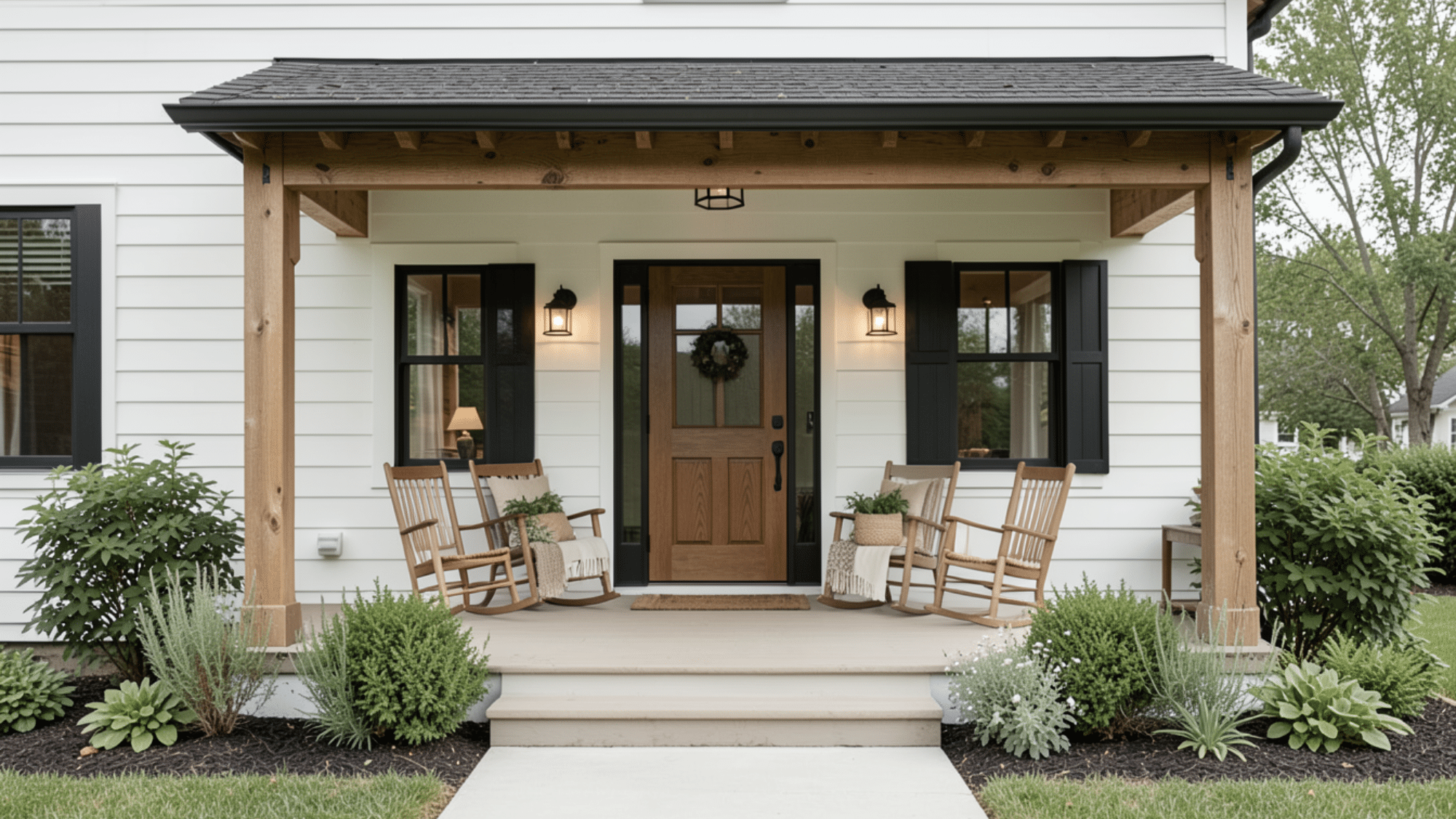 farmhouse style design showcasing front porch overhang ideas with wood beams cozy seating and a warm inviting entryway