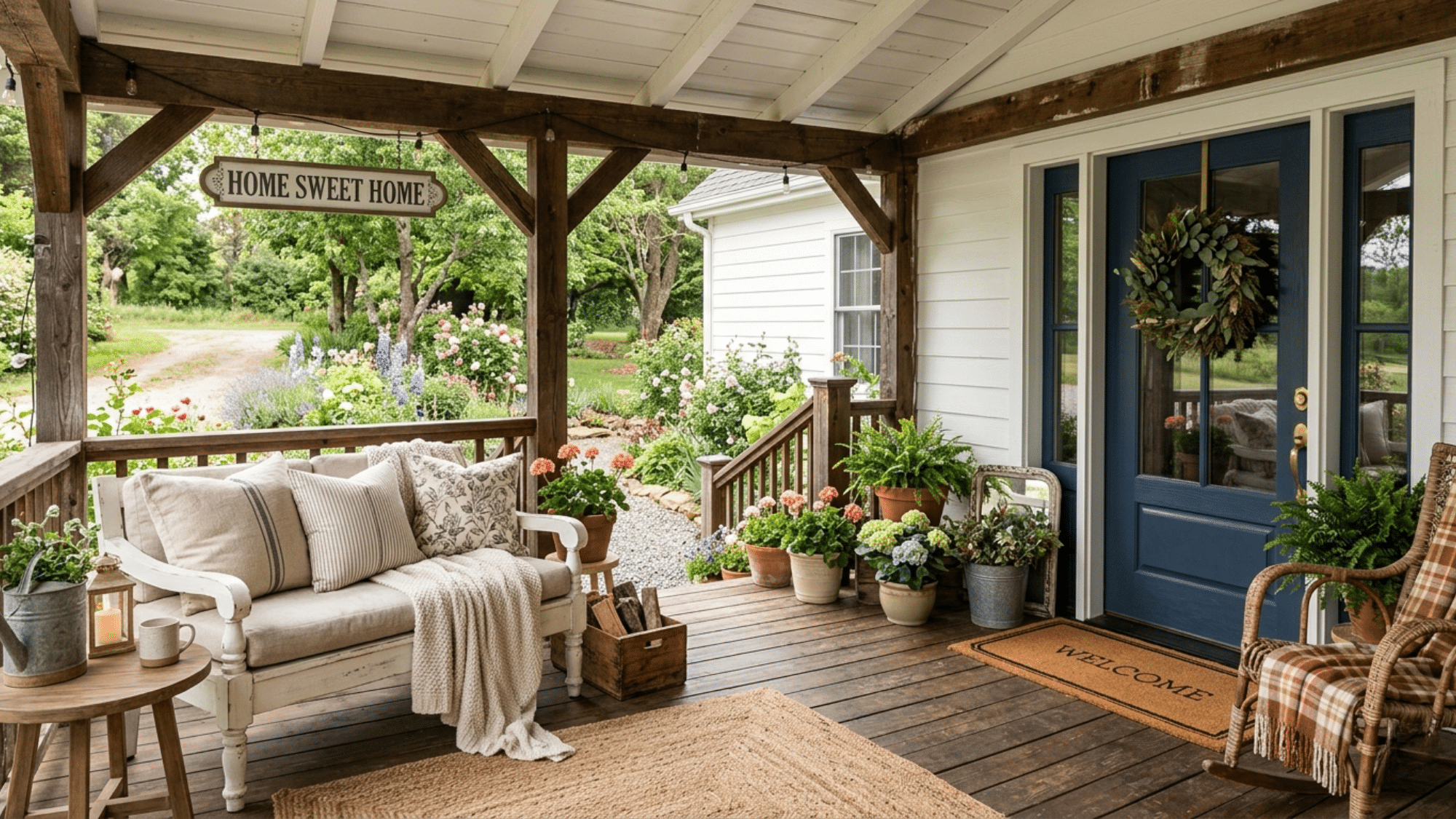 farmhouse-style porch with rustic wood accents cozy seating and greenery showcasing warm and charming front porch ideas