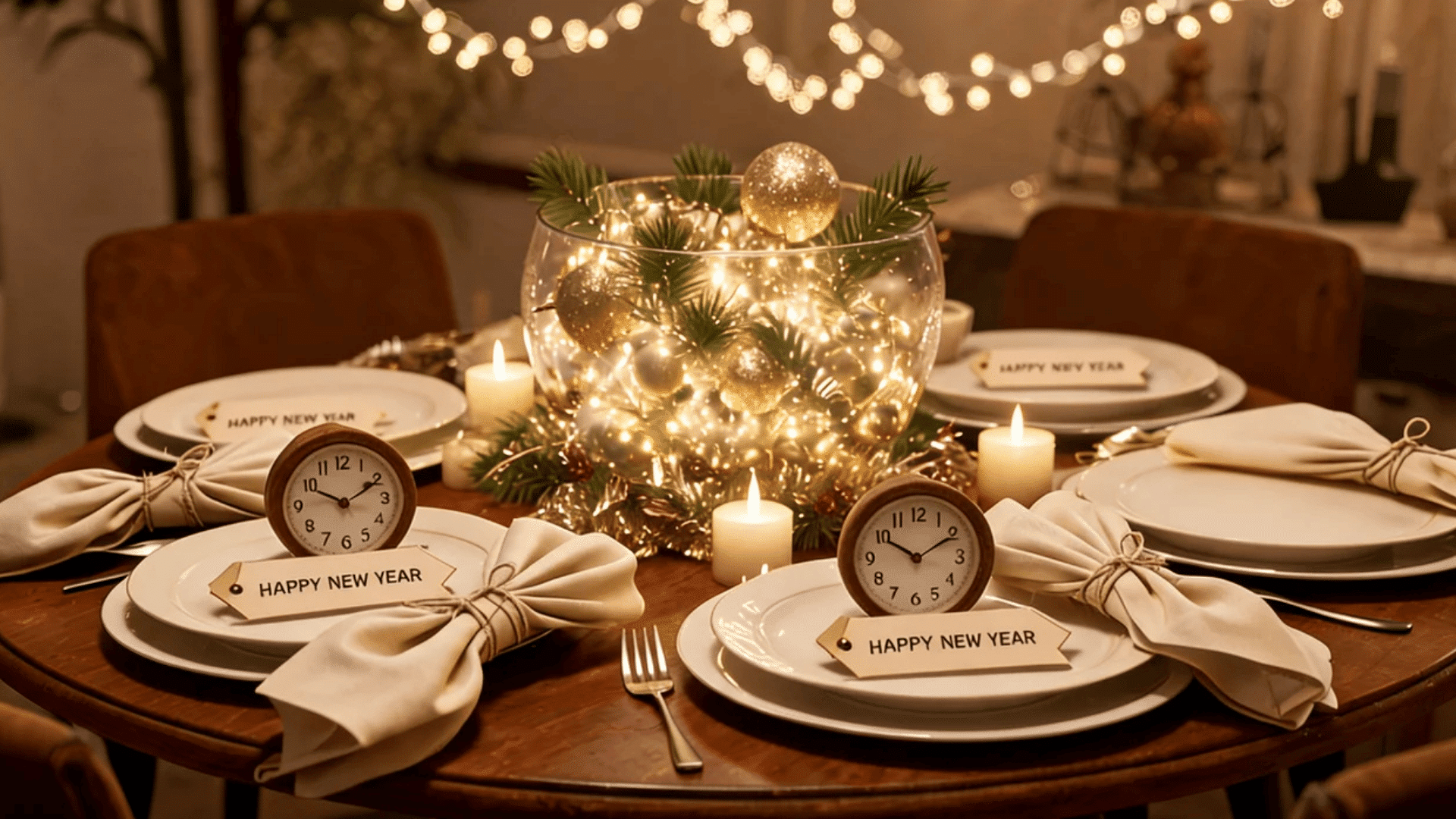 festive dining table with candles plates and small clocks set for new year celebration with glowing centerpiece lights