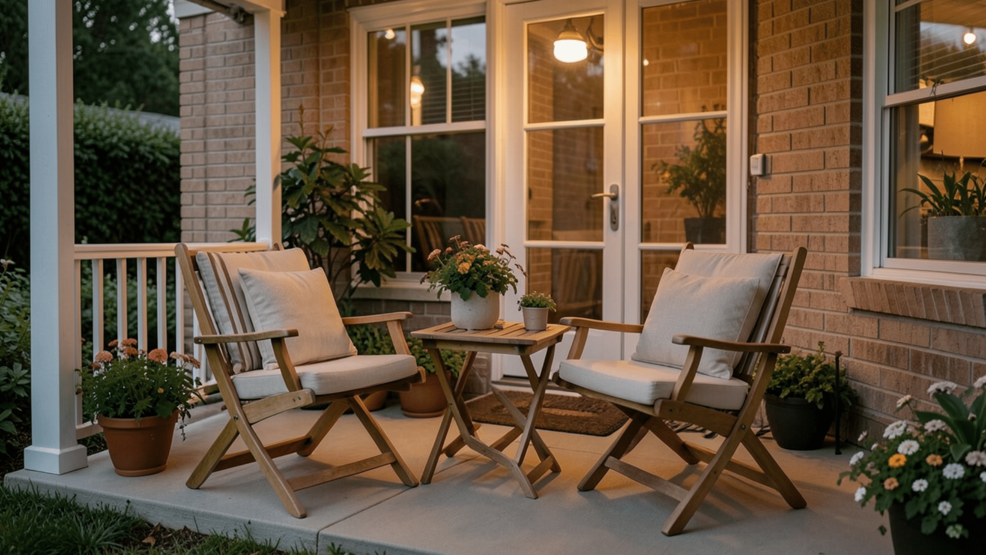foldable chairs and table on a cozy porch with plants and soft lighting smart front porch ideas for flexible seating