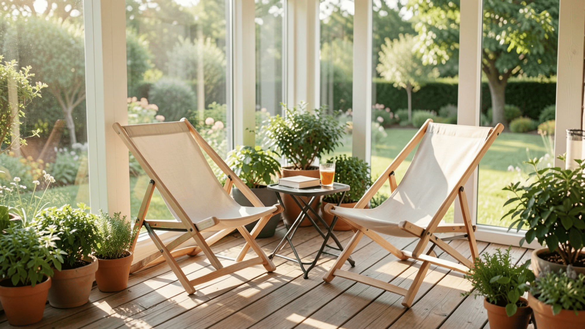 folding sling chairs with a side table on a cozy porch a simple and airy choice for front porch seating ideas