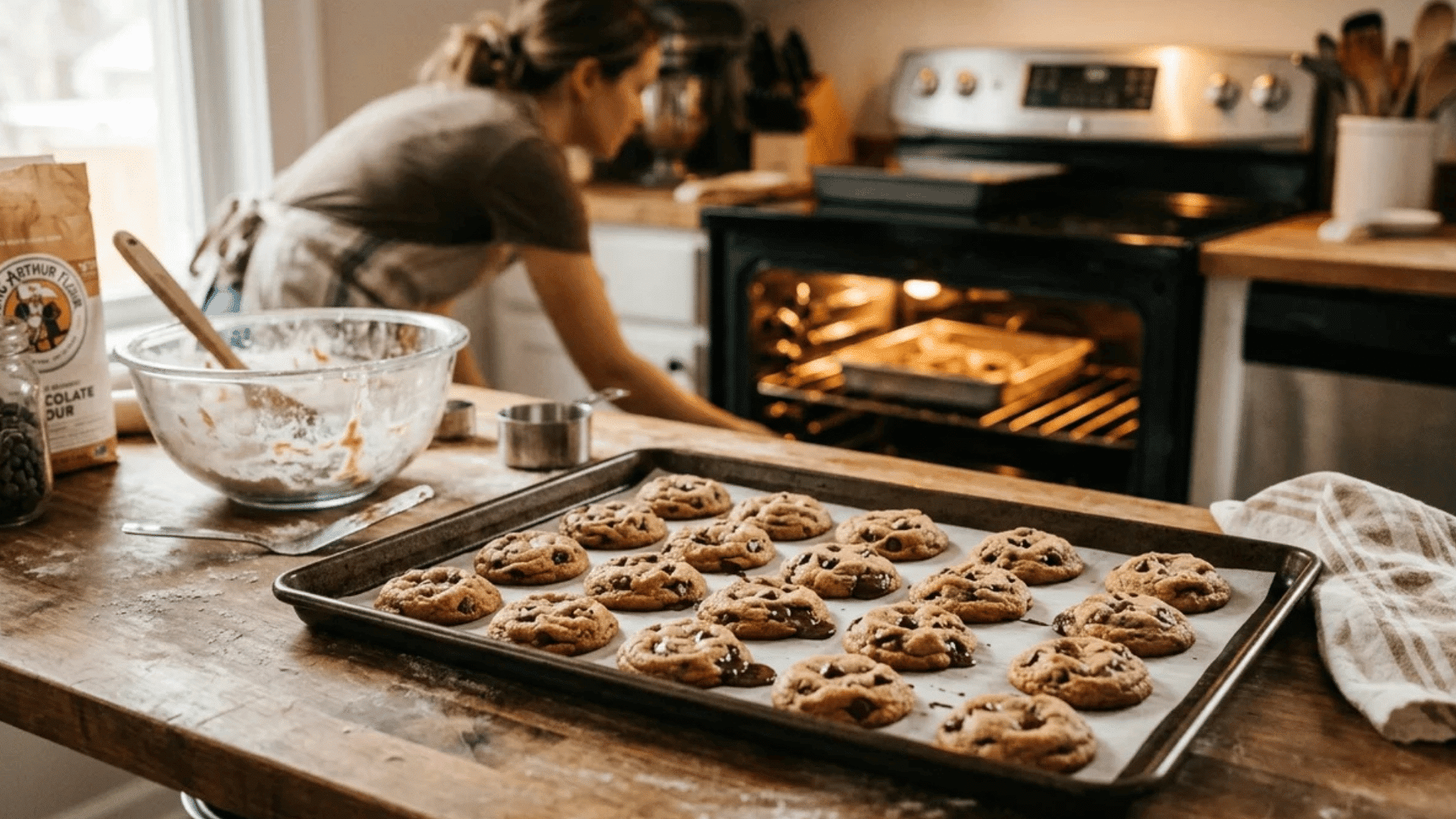 freshly baked chocolate chip cookies on tray while person places another batch in oven in cozy kitchen with baking ingredients on counter
