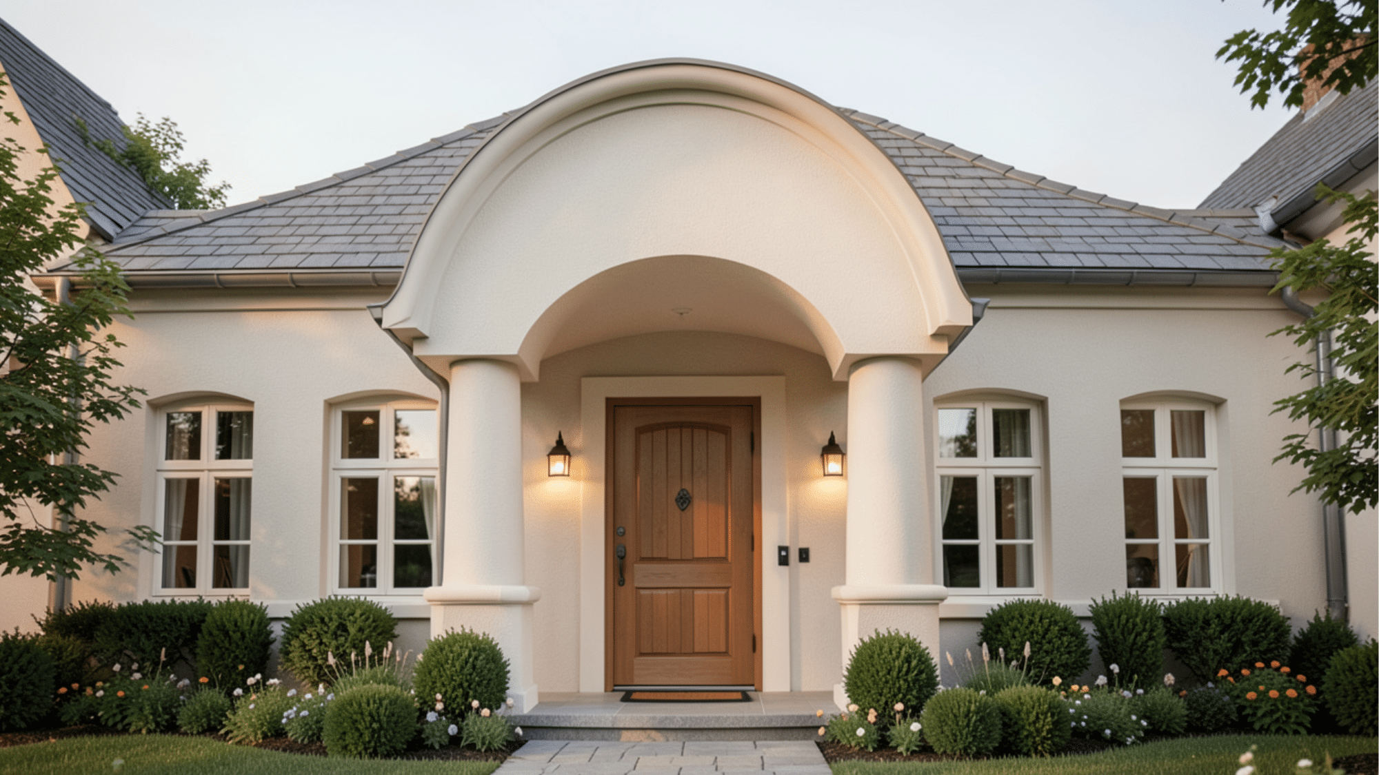 front entry with barrel style curved roof and columns elegant front porch overhang ideas with classic charm