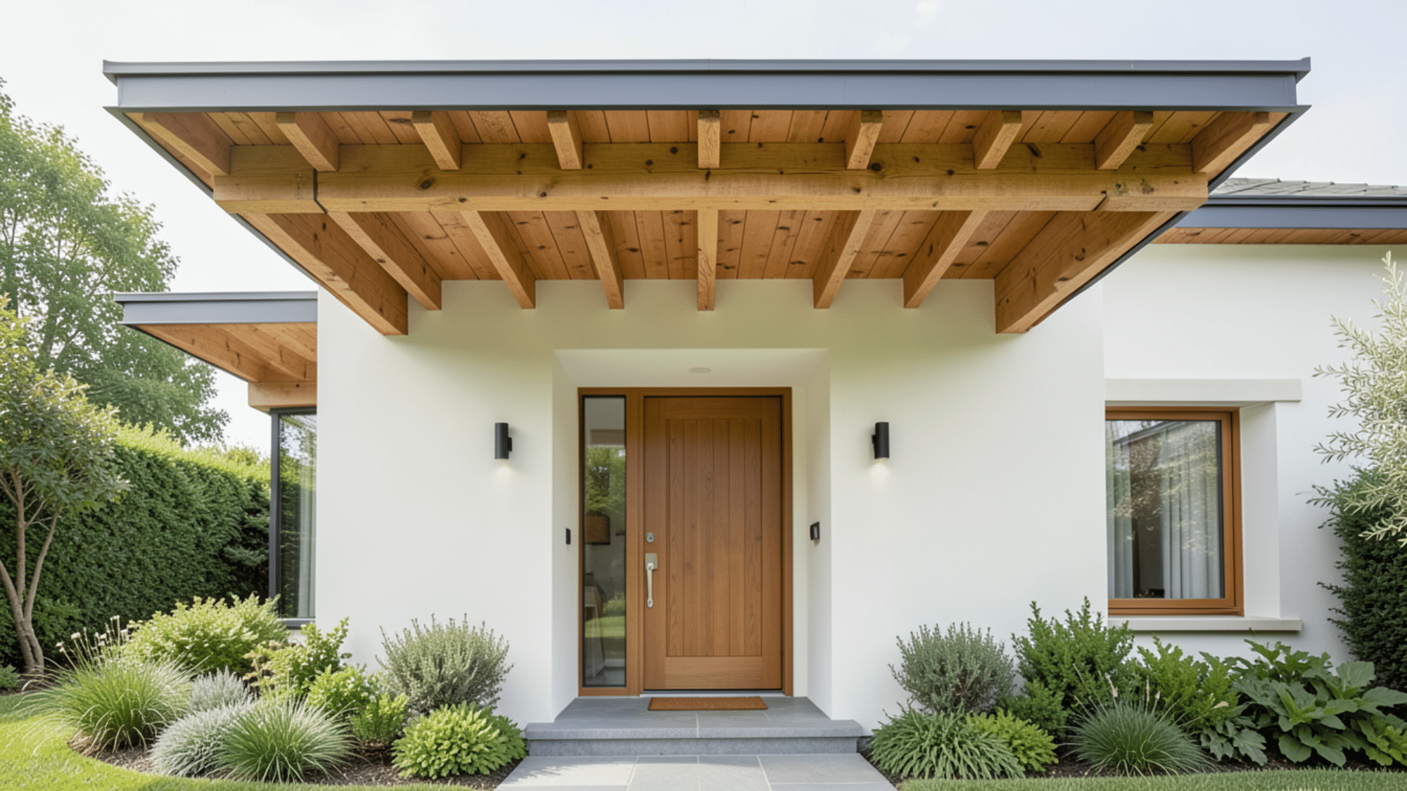 front entry with exposed wooden rafters a modern design highlighting front porch overhang ideas with natural textures