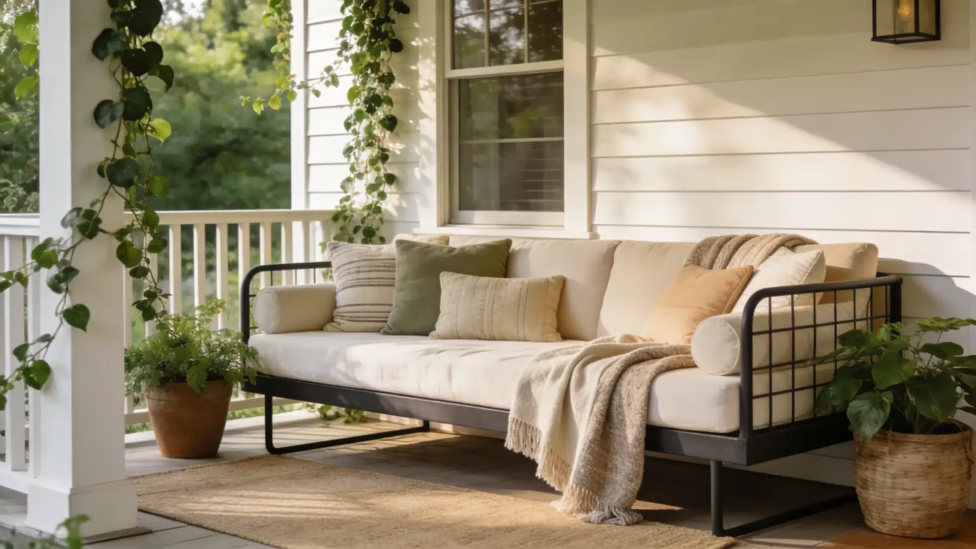 front porch daybed with cozy cushions soft throws greenery accents and warm natural light creating a relaxing lounging space
