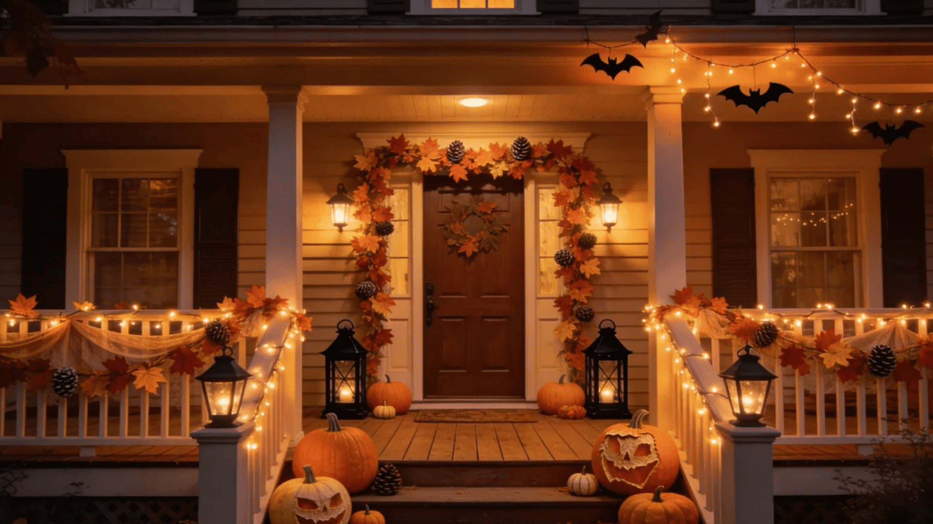 front porch decorated for halloween with pumpkins lanterns string lights fall leaves and bat decorations around door