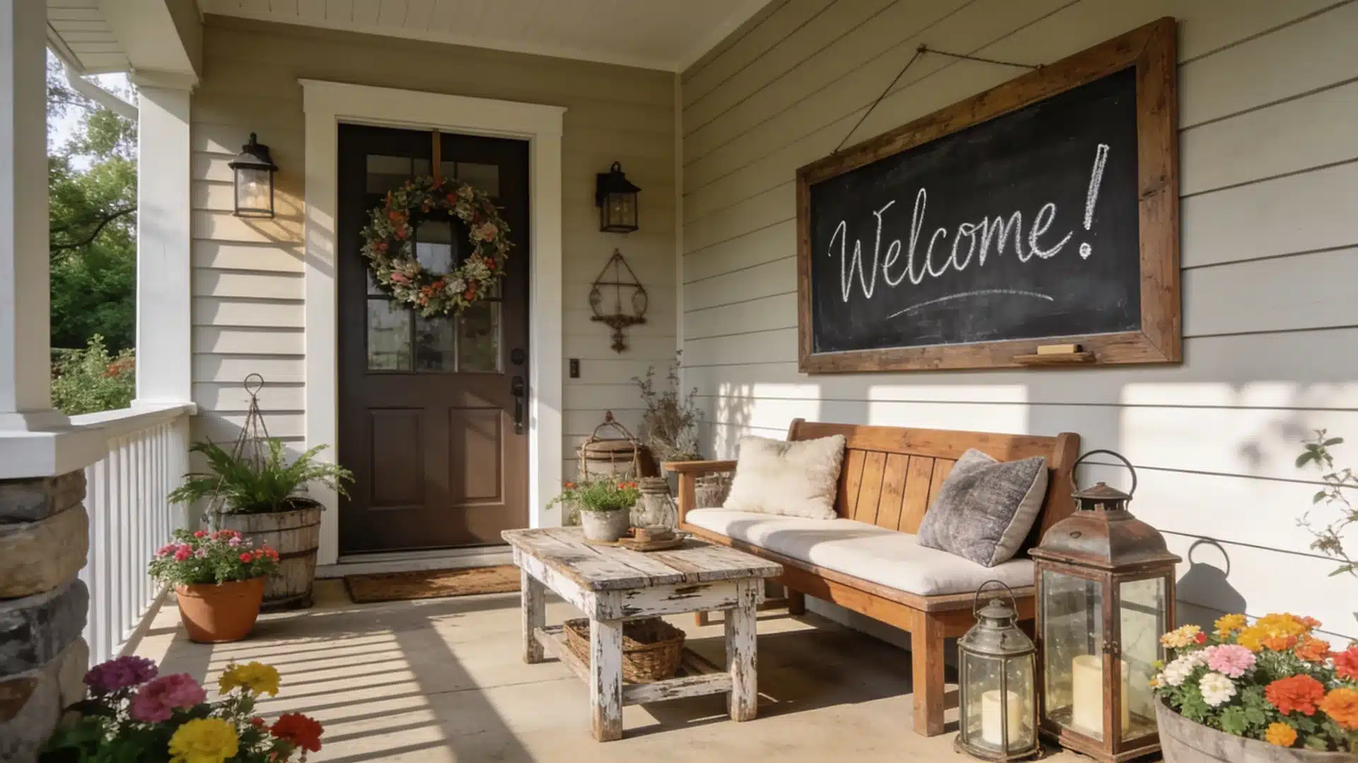 front porch ideas with a chalkboard welcome sign rustic seating lanterns and colorful flowers in warm sunlight