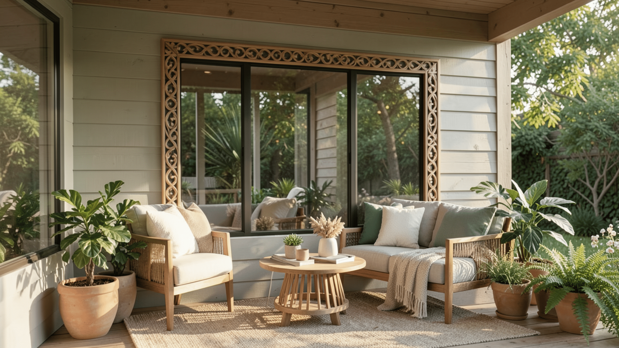 front porch ideas with a decorative mirror cozy seating potted plants and warm sunlight creating a bright and spacious feel