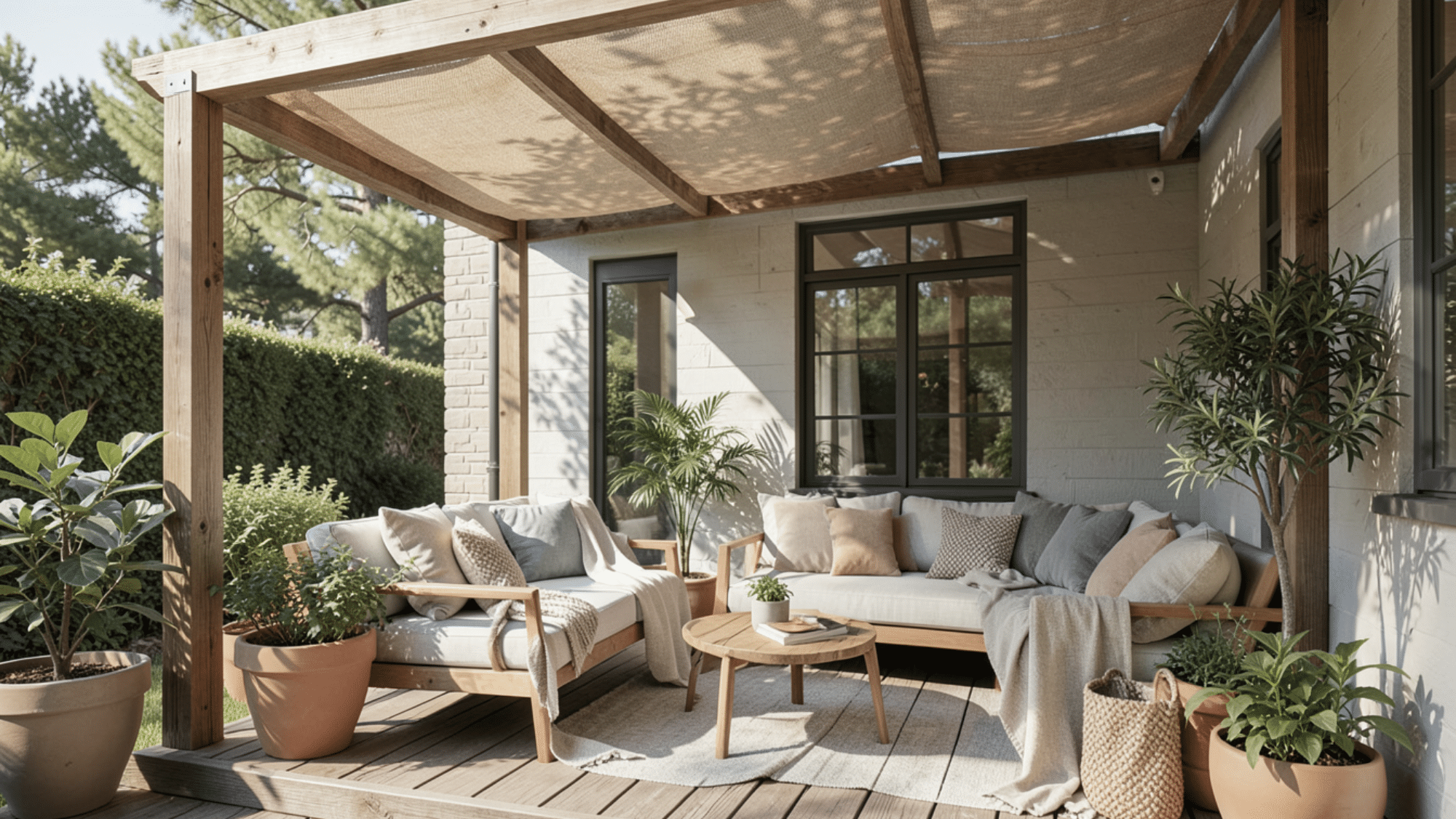 front porch ideas with a pergola shade cover cozy seating neutral cushions and soft filtered sunlight creating a relaxing outdoor retreat
