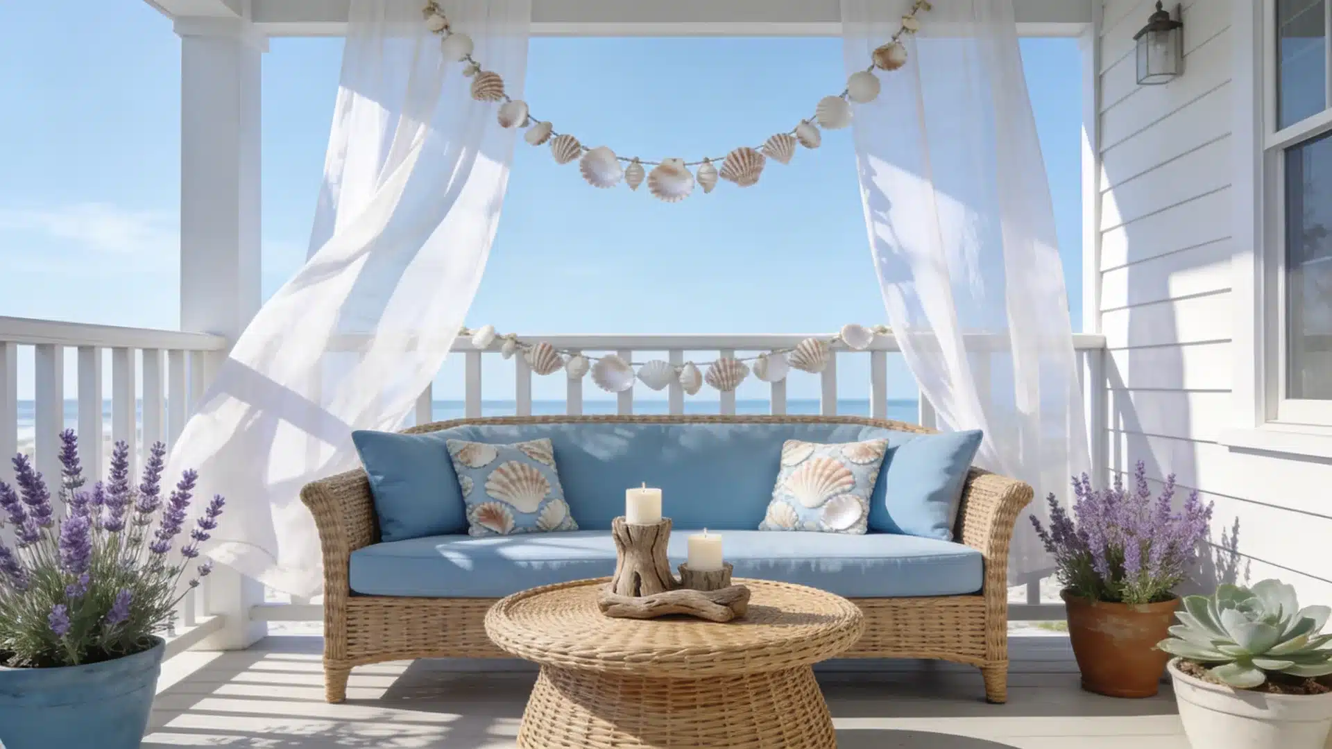 front porch ideas with coastal style decor wicker seating blue cushions seashell accents and sheer curtains by the ocean