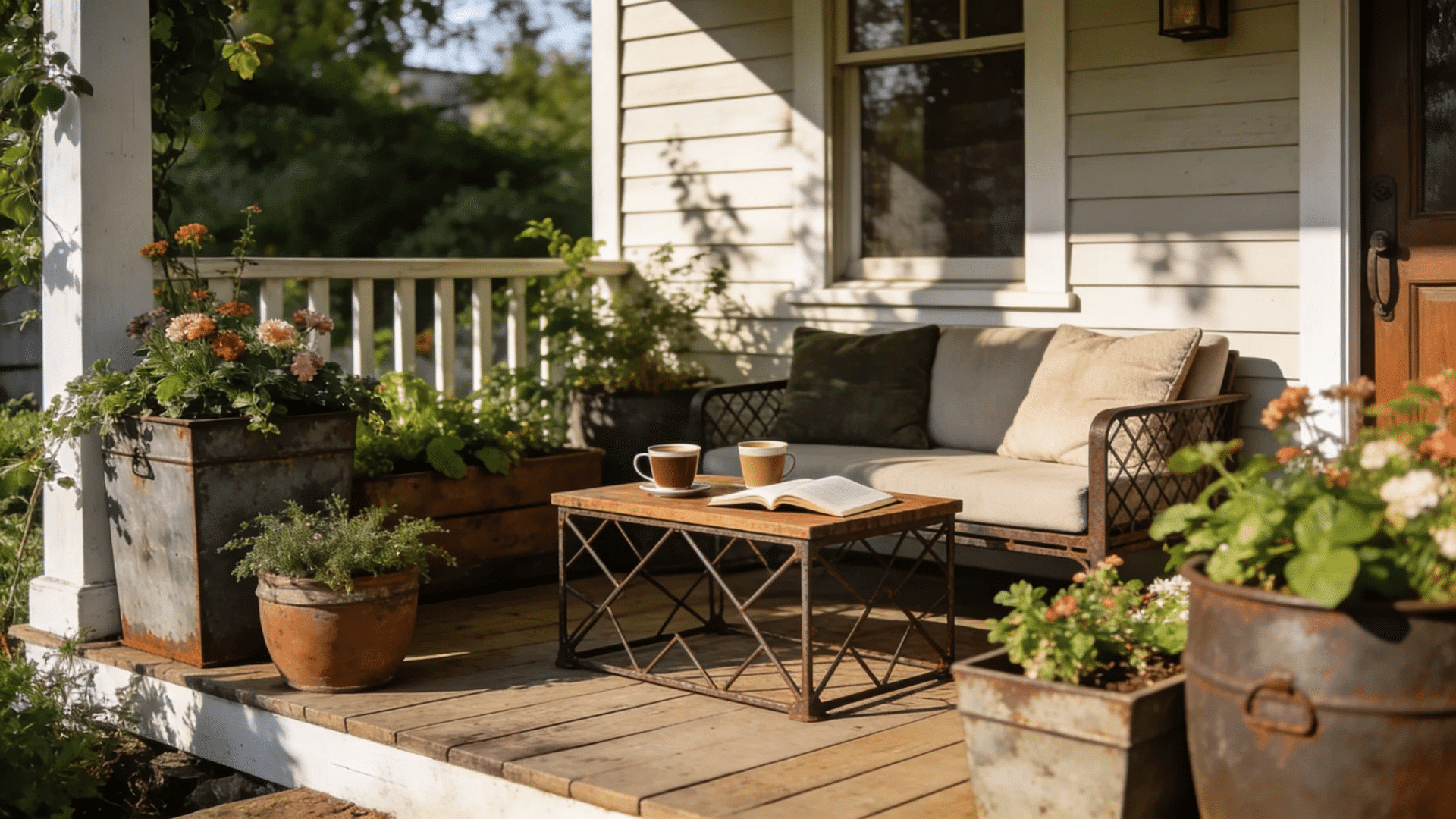 front porch ideas with cozy seating a small coffee table setup warm sunlight and lush potted plants creating a relaxing outdoor space