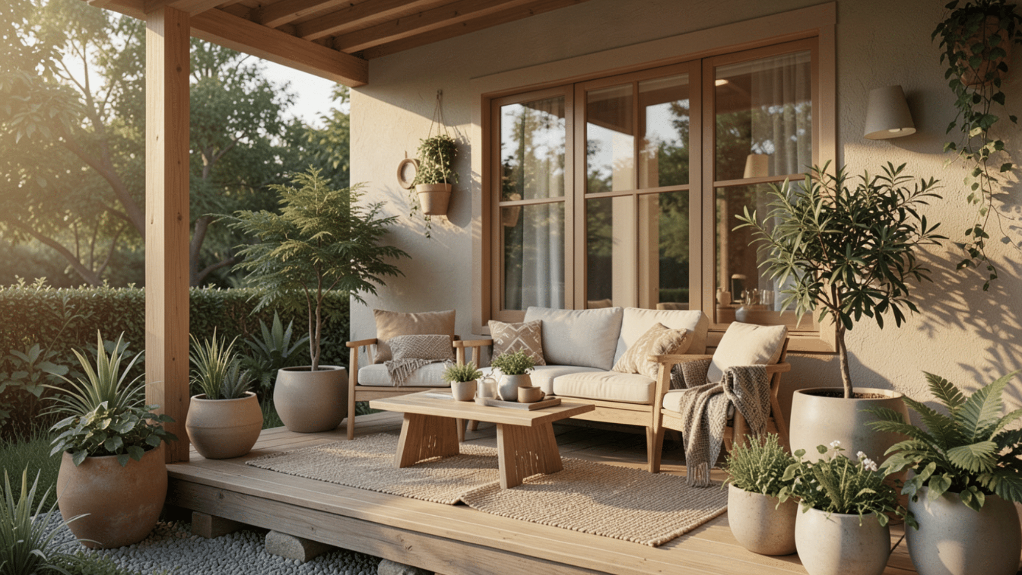 front porch ideas with eco friendly decor natural wood furniture organic textiles potted greenery and warm sunlight creating a calm space