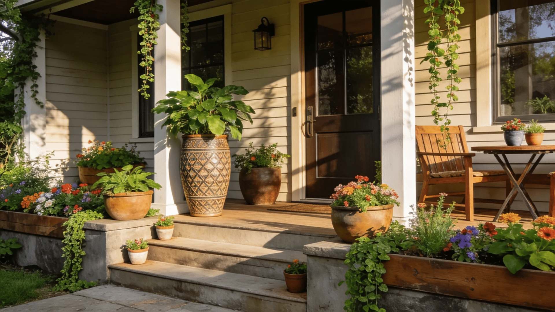 front porch ideas with layered planters colorful flowers and cozy seating in warm natural sunlight creating a welcoming entryway
