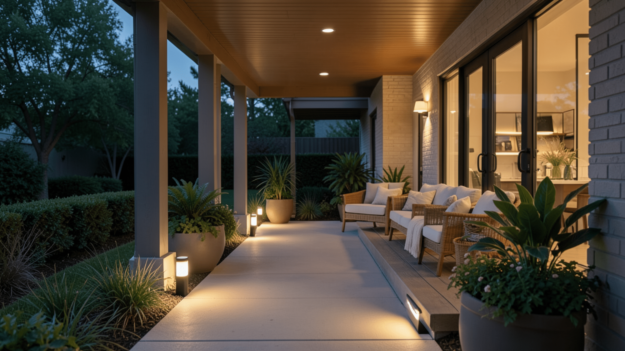 front porch ideas with solar path lights cozy seating warm ambient glow and modern landscaping creating a welcoming evening entrance