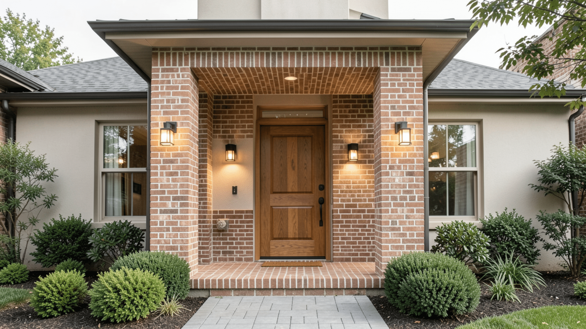 front porch overhang ideas with brick columns warm lighting and classic wood door create a cozy entry look