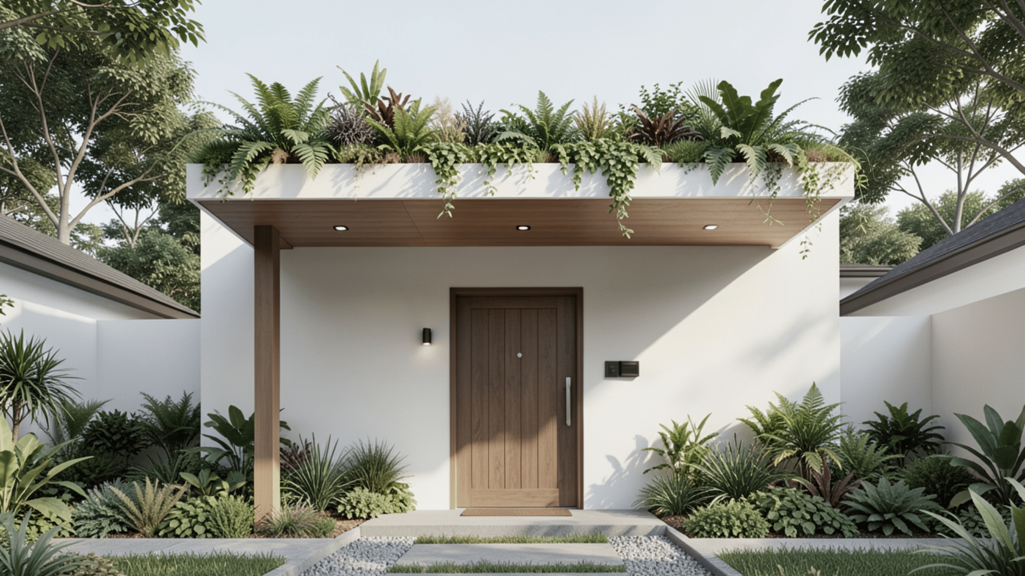 front porch overhang ideas with green roof lush plants on top and modern eco friendly entry design