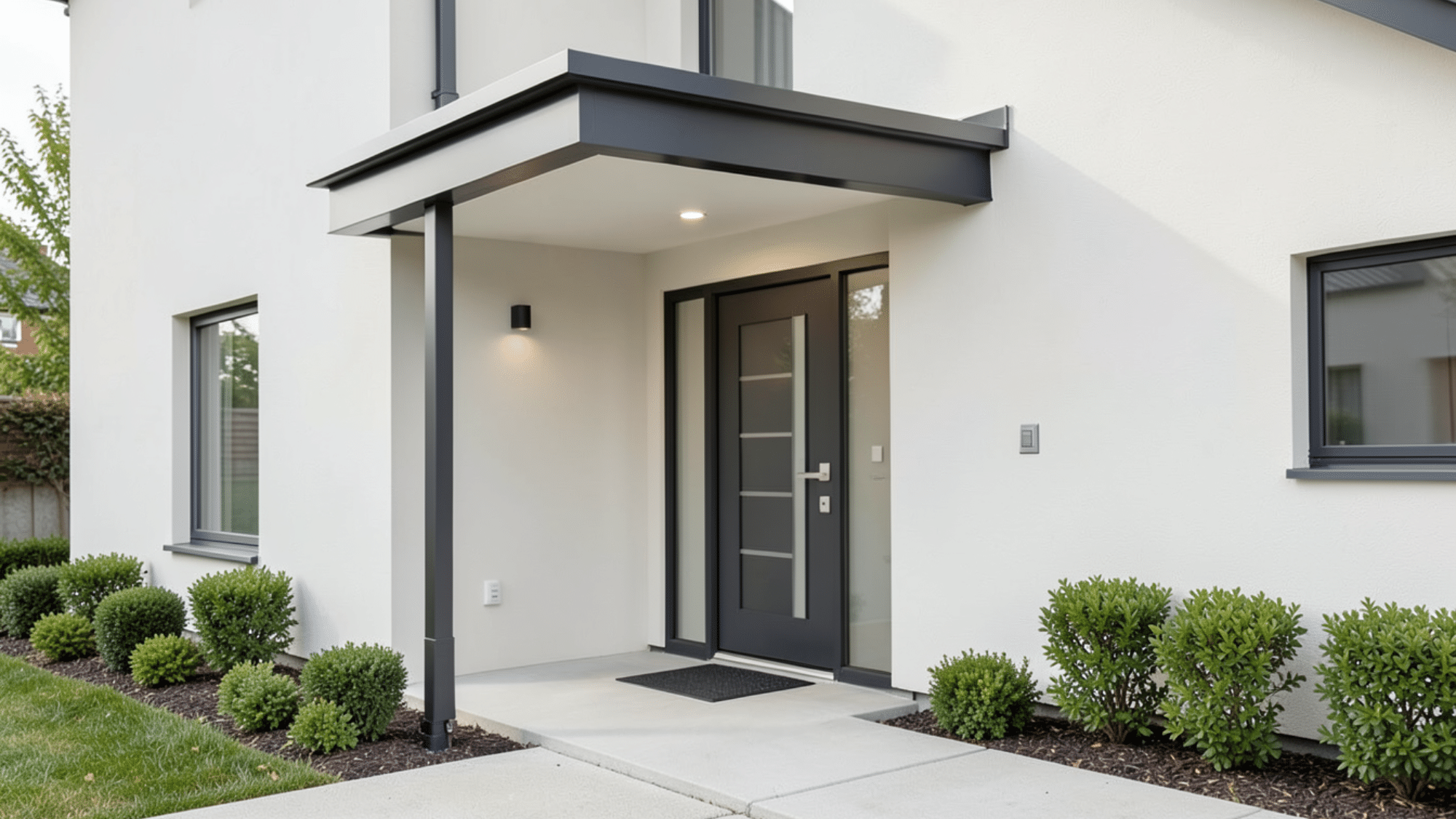 front porch overhang ideas with sleek aluminum frame flat roof design and minimalist modern entryway style