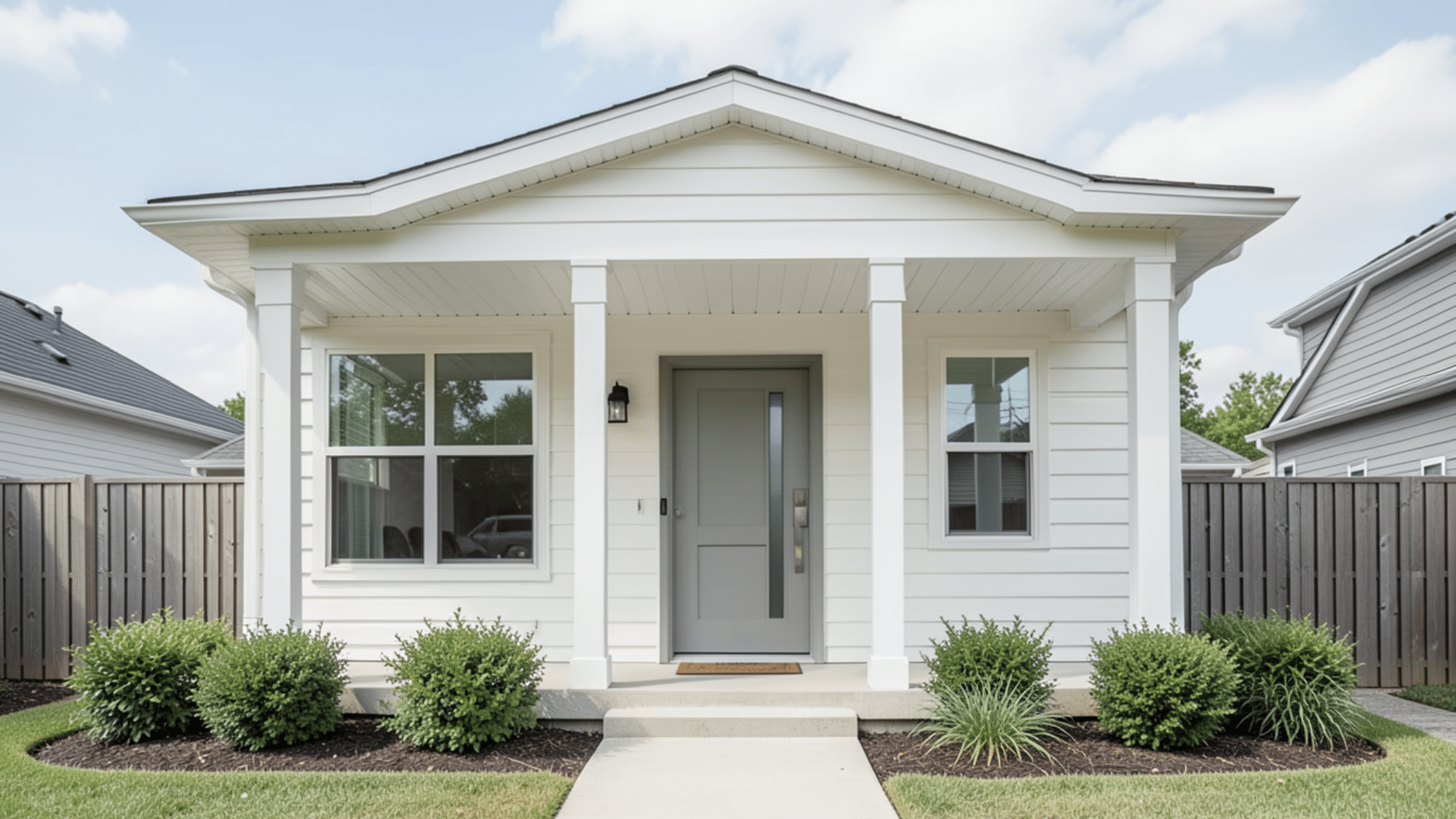 front porch overhang ideas with vinyl soffit panels white posts and clean siding for a simple modern look