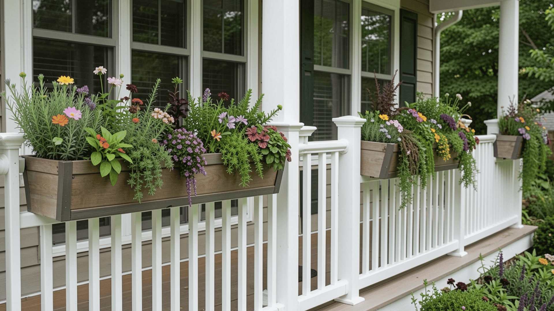 front porch railing with colorful flower boxes and blooming plants beside windows