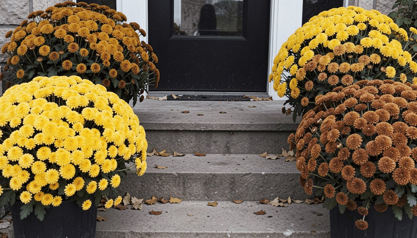front porch steps with yellow and brown mums in pots with fallen leaves creating a cozy fall entryway look