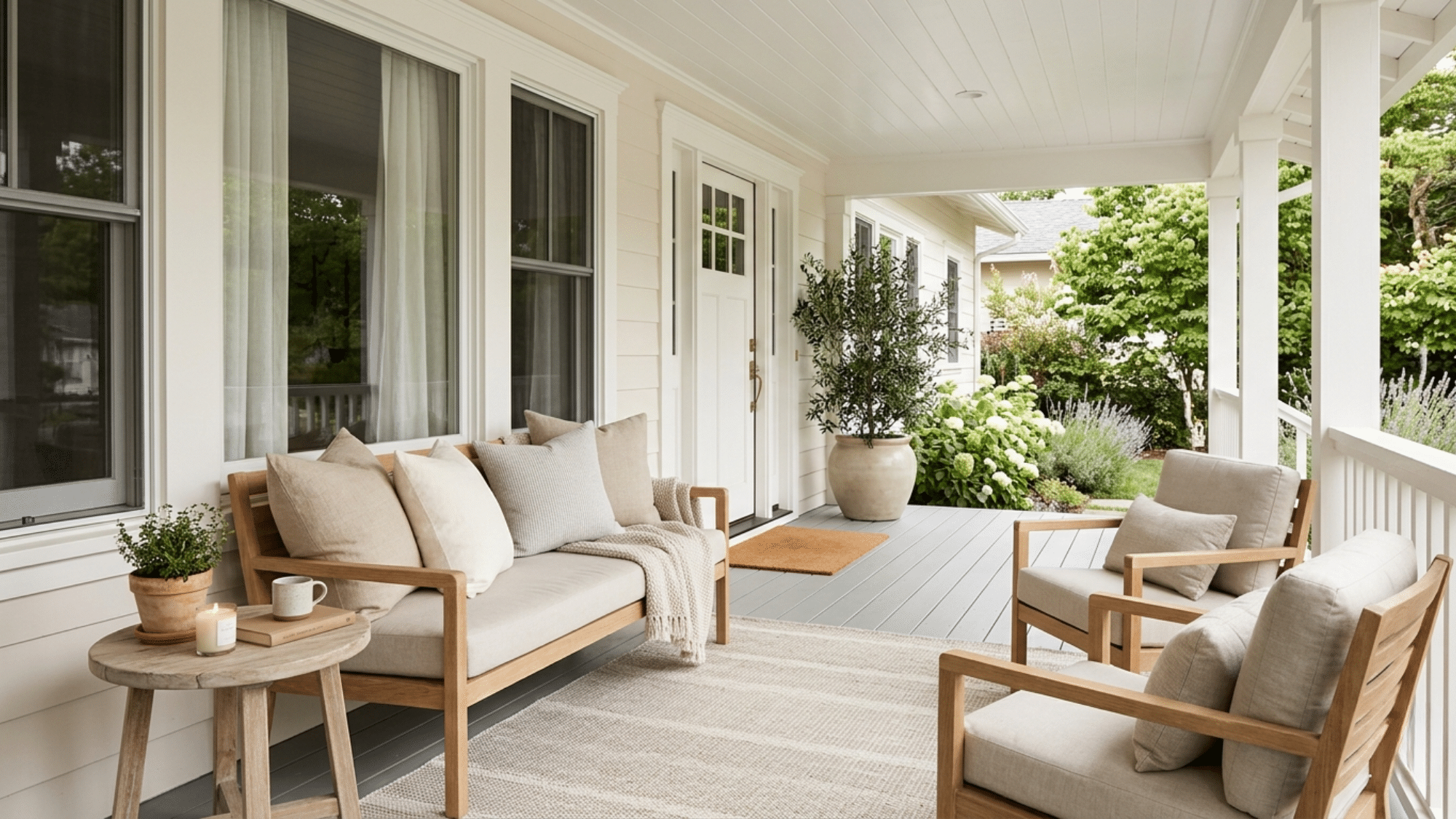 front porch styled with soft neutral tones clean lines and minimal decor showcasing calm and elegant front porch ideas