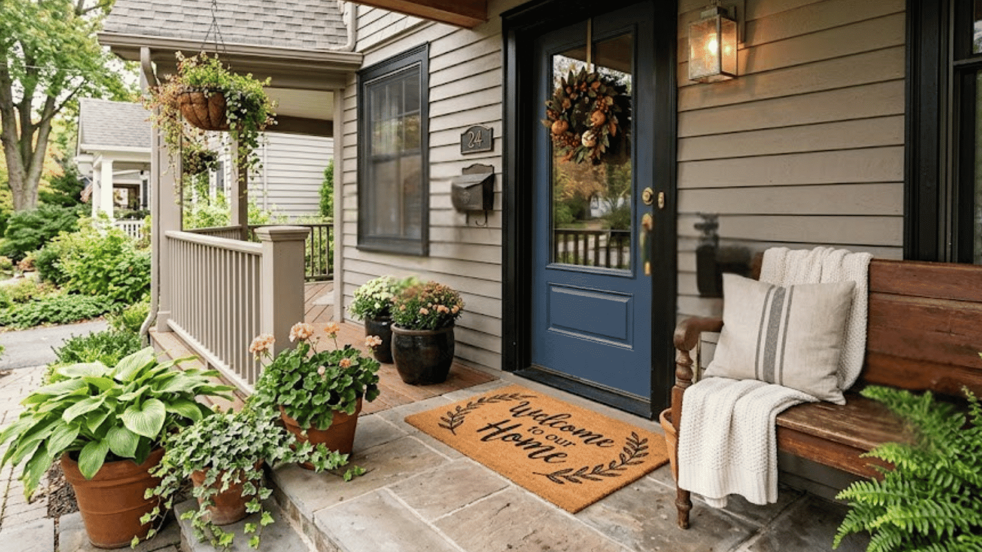 front porch with blue door wooden bench potted plants and welcome mat decor