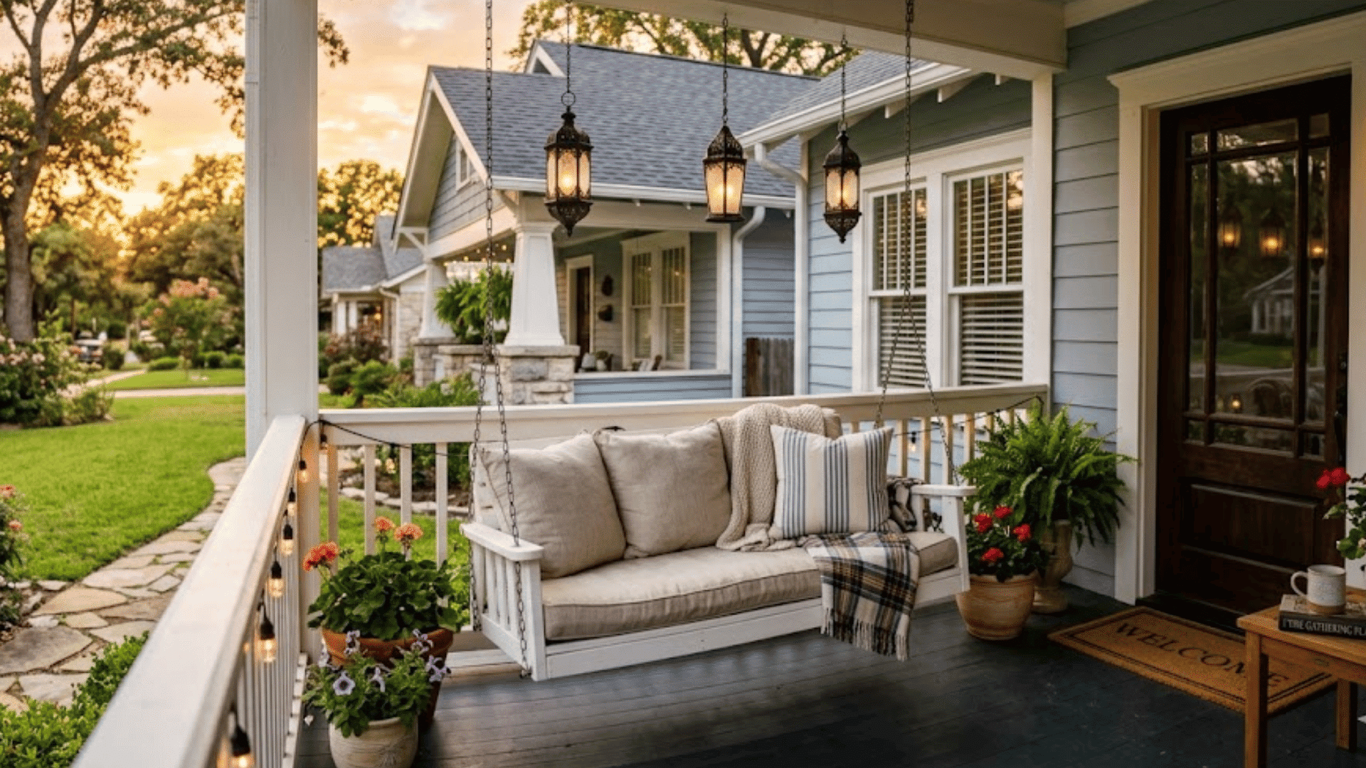 front porch with hanging bench cushions lantern lights and blooming garden at sunset