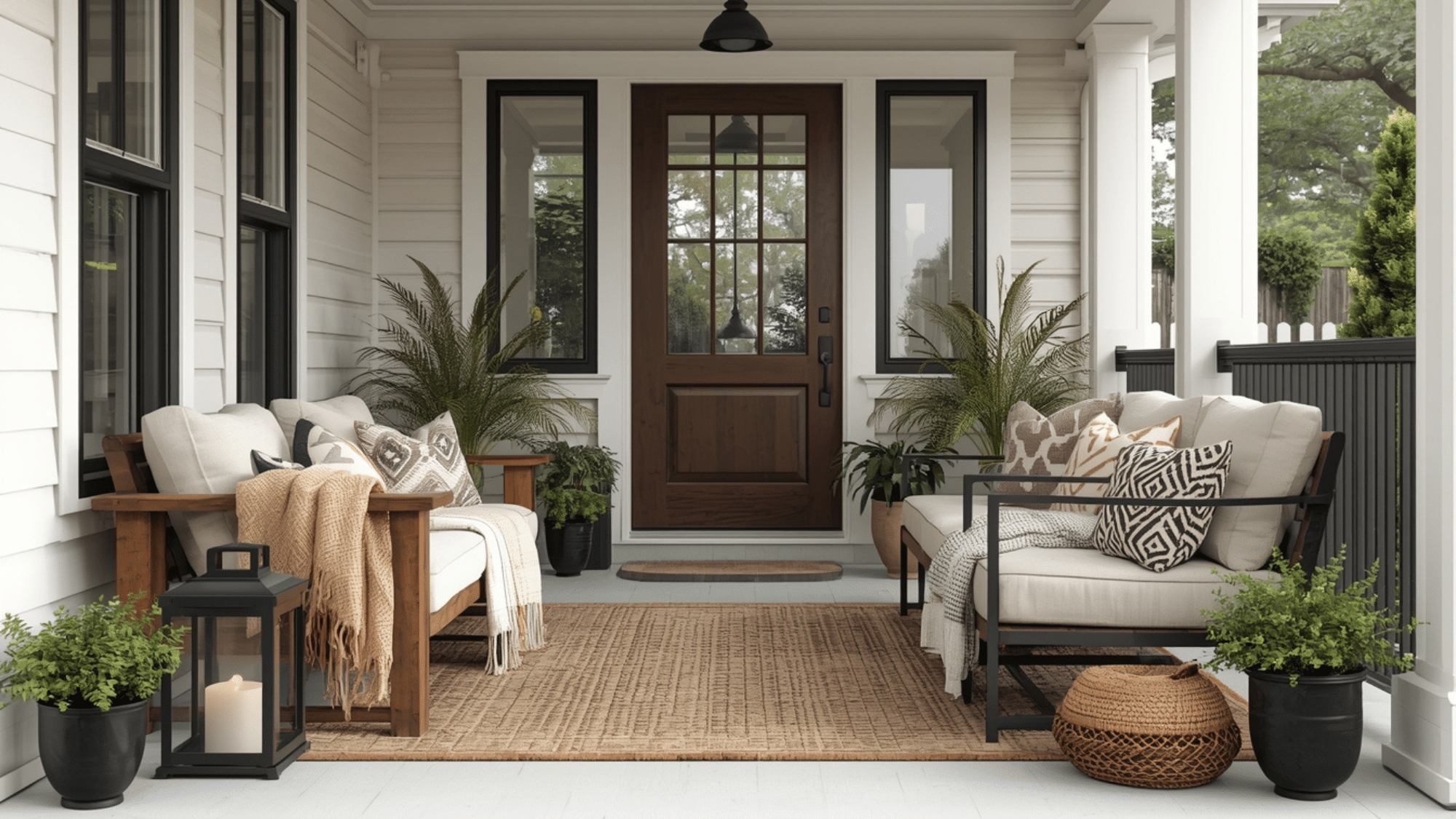 front porch with mixed textures including wood seating metal accents soft fabrics and cozy layered decor