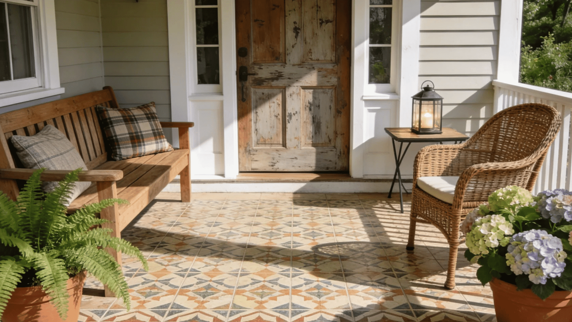 front porch with patterned tile flooring rustic wooden bench wicker chair potted plants and warm sunlight creating a charming inviting entryway