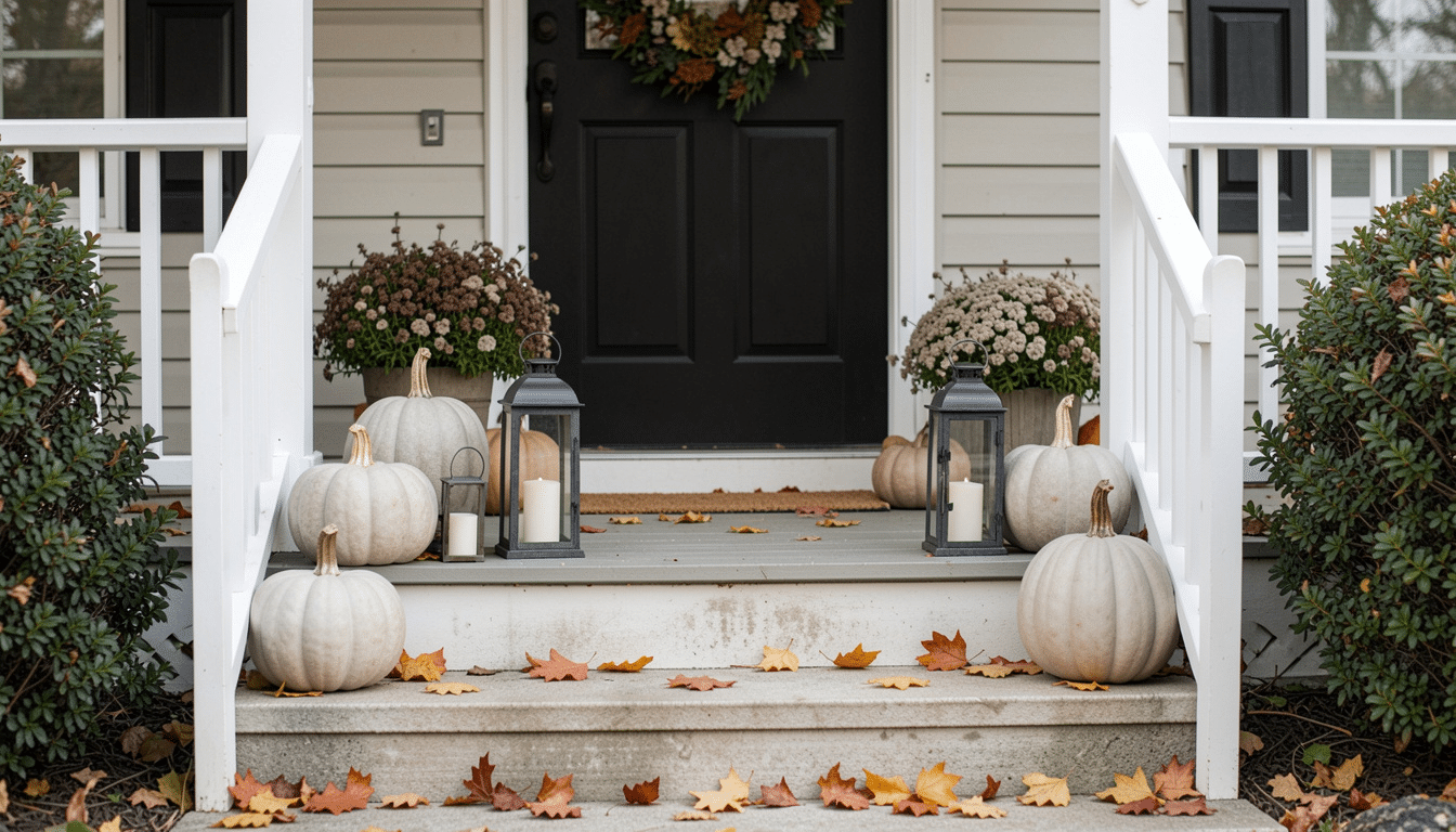front porch with pumpkins lanterns and fall wreath on door with scattered leaves creating a cozy autumn entryway