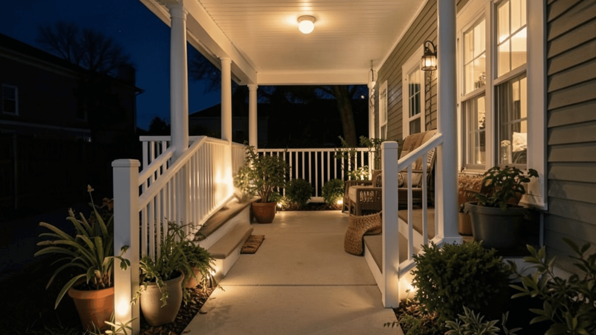 front porch with rail lighting along steps and railing warm glow at night safe and stylish front porch ideas for entryways
