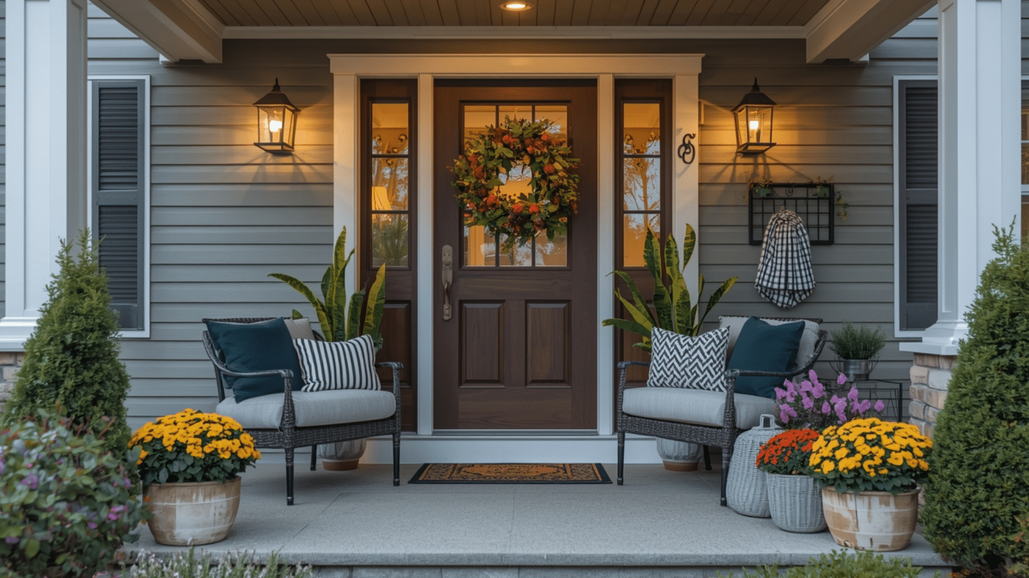 front porch with seasonal wreath cozy chairs potted flowers soft lighting and welcoming entryway decor