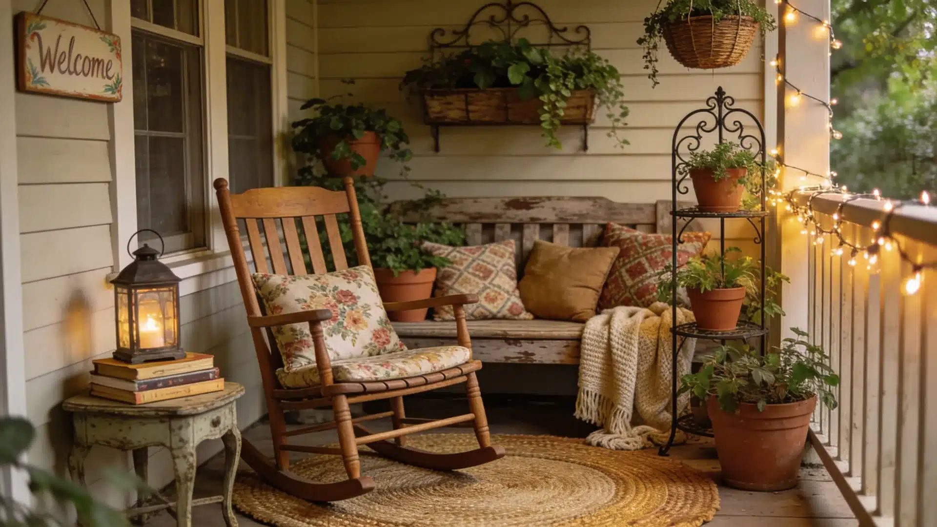 front porch with vintage decor rocking chair rustic bench string lights potted plants and cozy layered textures