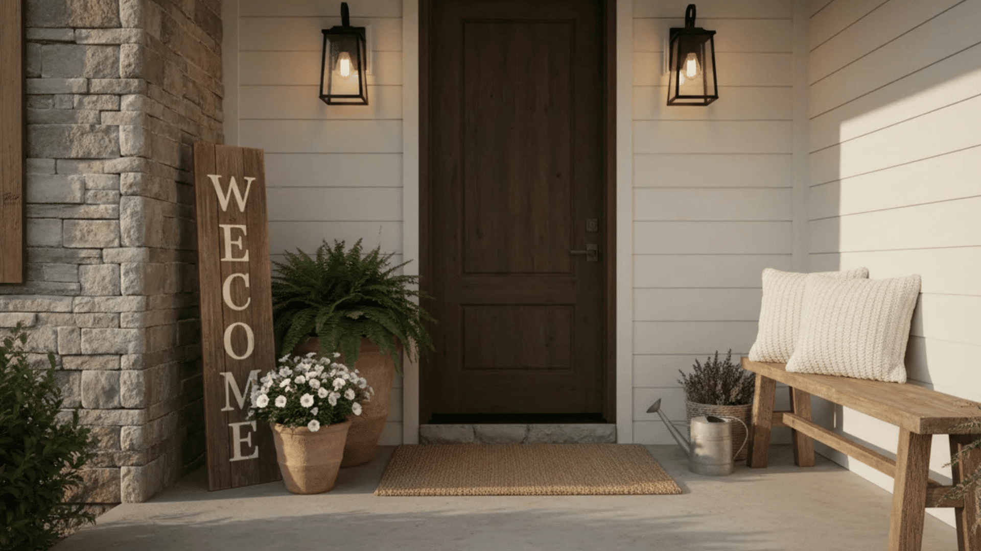 front porch with wooden bench welcome sign potted flowers and dark entry door with wall lights