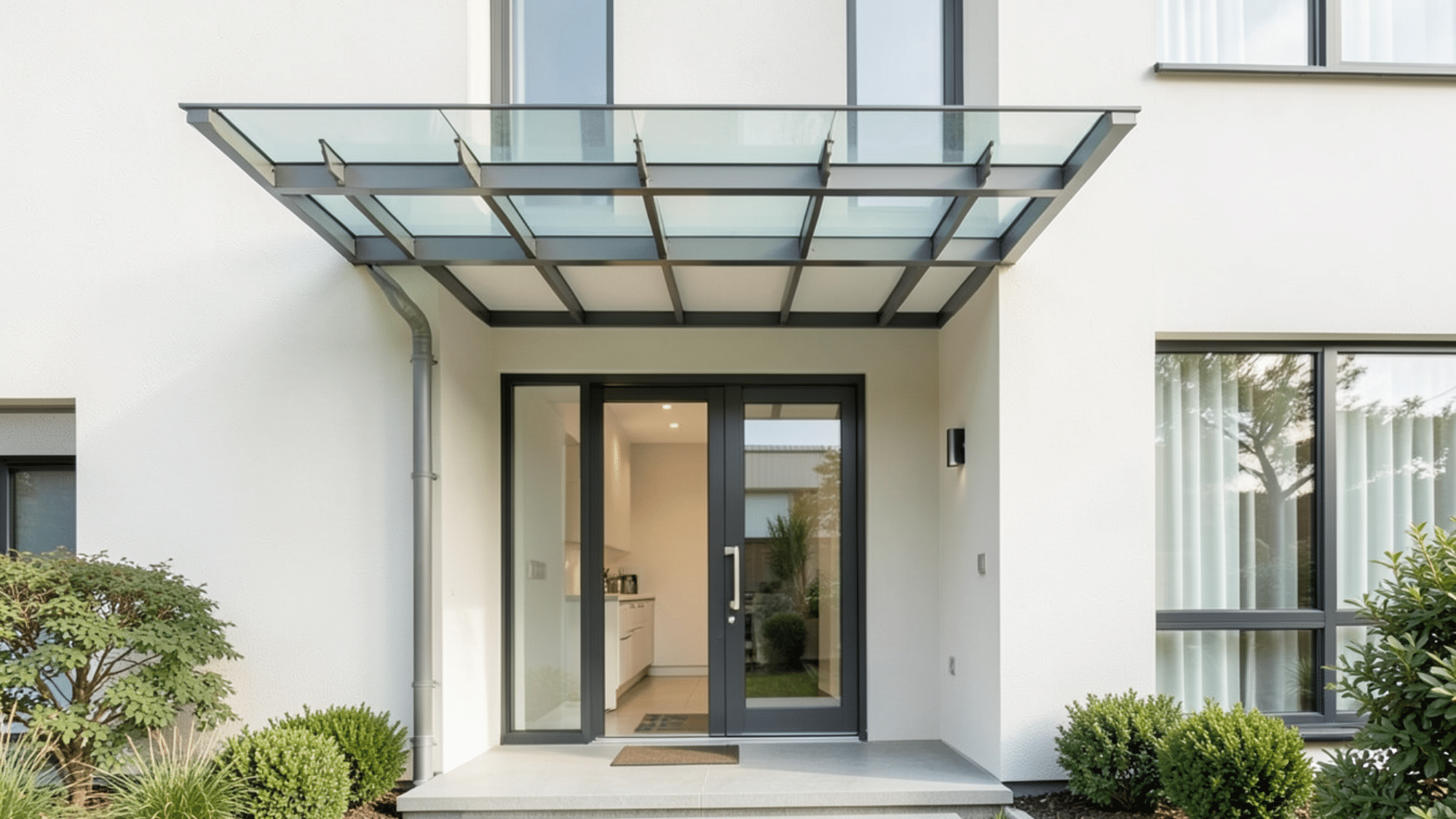 glass panel design showcasing front porch overhang ideas with transparent roofing sleek metal frame and a bright modern entryway